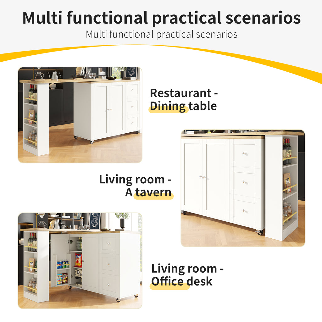 360° swivelling dining table (138-209 x 39 x 106 cm) on castors, bar table, white, with three drawers and snack rack, multifunctional storage island, suitable for kitchen and living room.