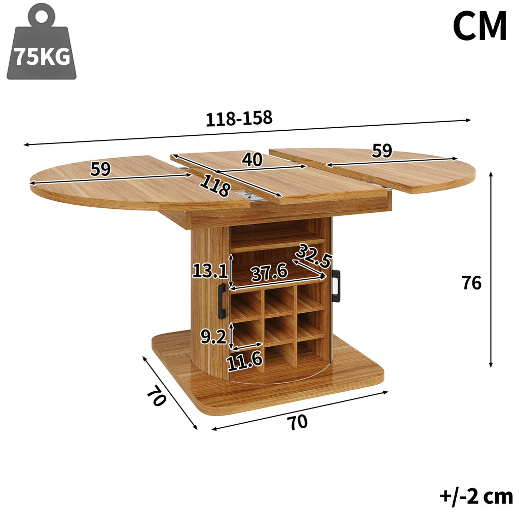 Extendable dining table with storage, multifunctional folding table with wine rack, space-saving kitchen table for small rooms and dining rooms, MDF tabletop, natural brown