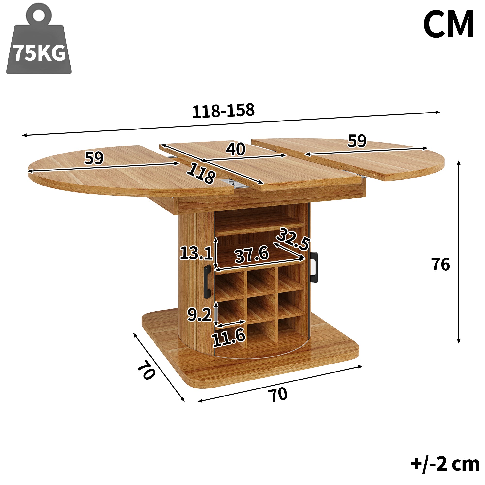 Extendable dining table with storage, multifunctional folding table with wine rack, space-saving kitchen table for small rooms and dining rooms, MDF tabletop, natural brown