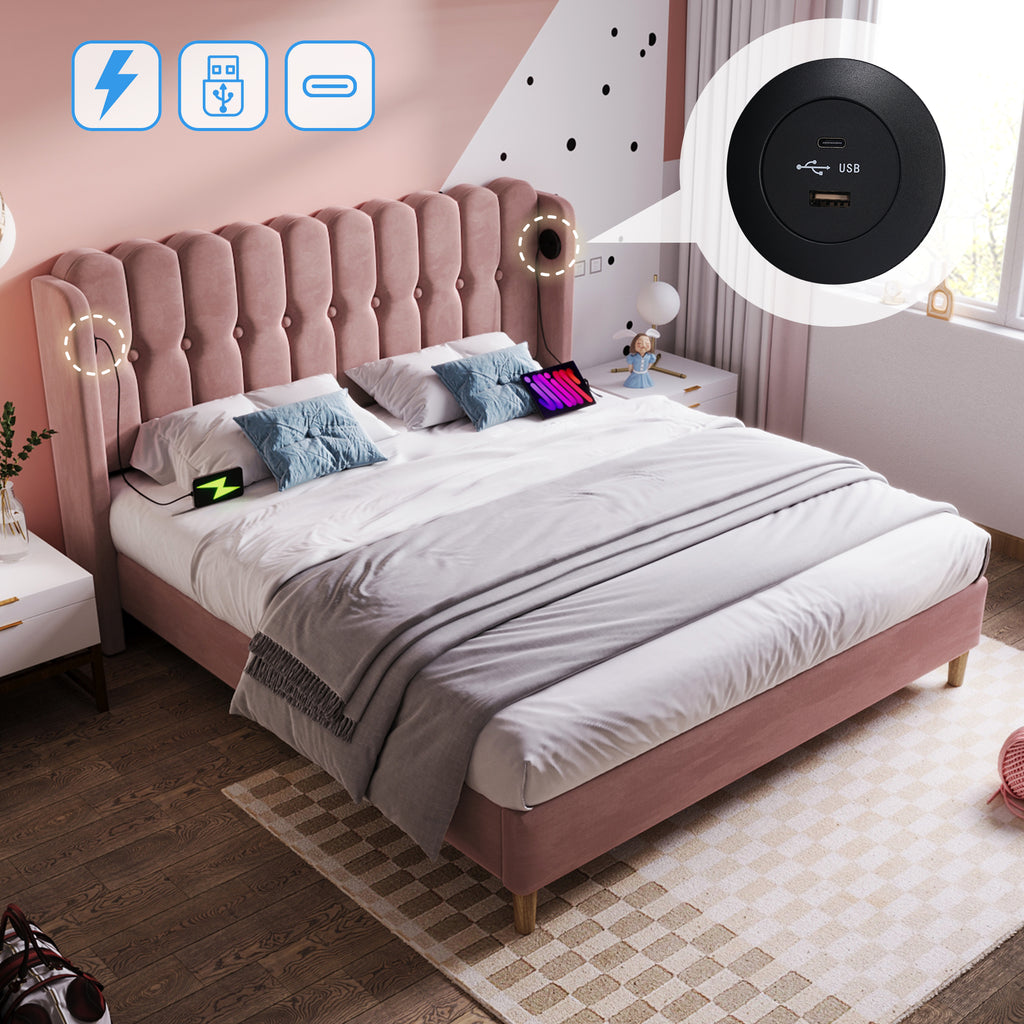 Upholstered Double Bed with USB and Type-C Charging, Bed Frame with Wooden Slatted Frame, Teenager Bed for Bedroom & Guest Room, 4ft6 135 x 190 cm Bed Frame, Pink, Velvet Material (No Mattress).