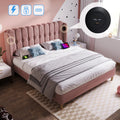 Upholstered Double Bed with USB and Type-C Charging, Bed Frame with Wooden Slatted Frame, Teenager Bed for Bedroom & Guest Room, 4ft6 135 x 190 cm Bed Frame, Pink, Velvet Material (No Mattress).