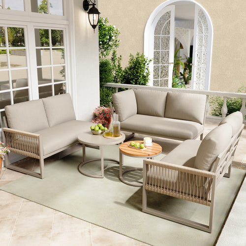 Outdoor garden lounge set, furniture set for 6-7 people, corner sofa with galvanized iron frame, adjustable legs, includes all seat and back cushions, beige