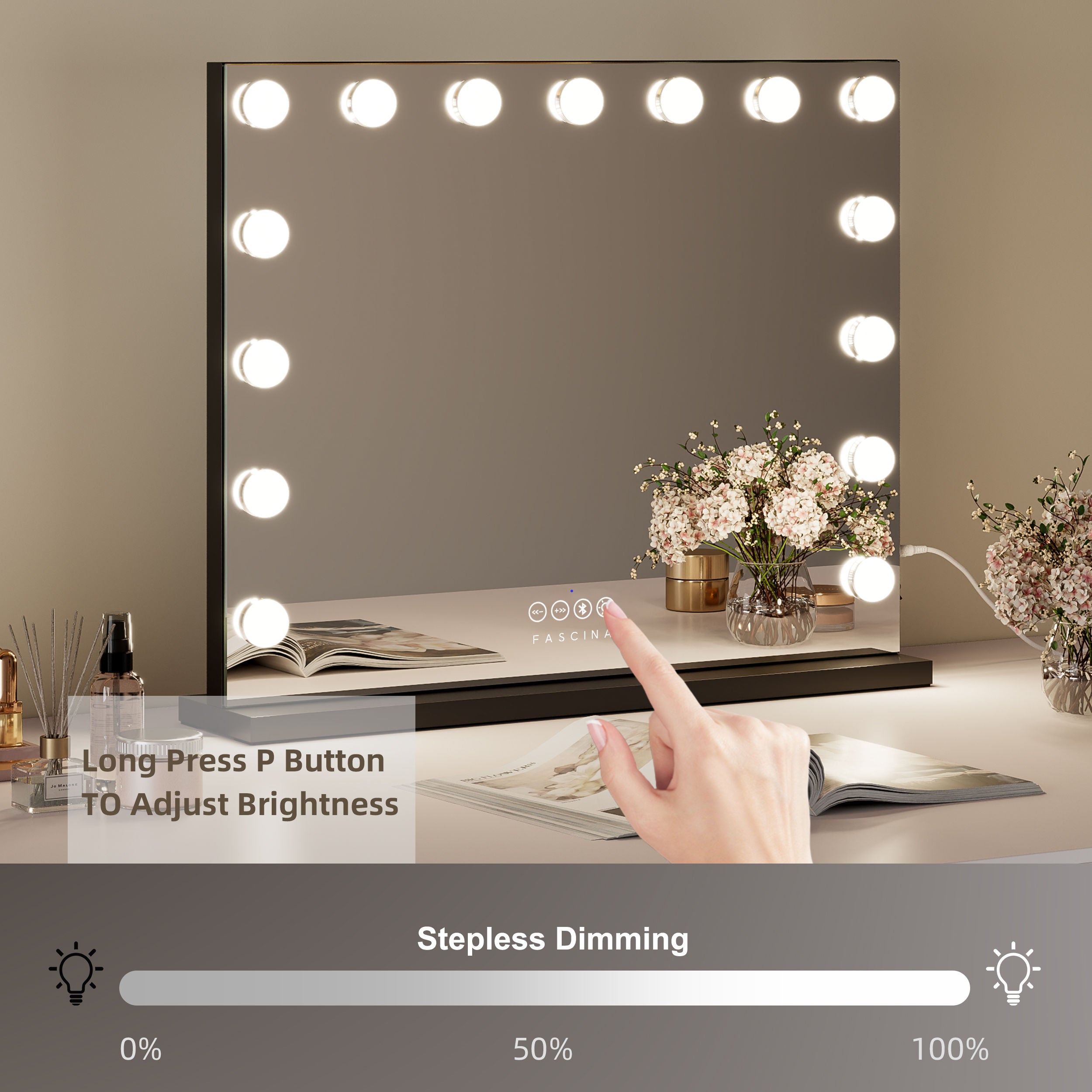 Industrial Hollywood Mirror – 58x48cm Black, Bluetooth & Speaker Phone, 15 LED