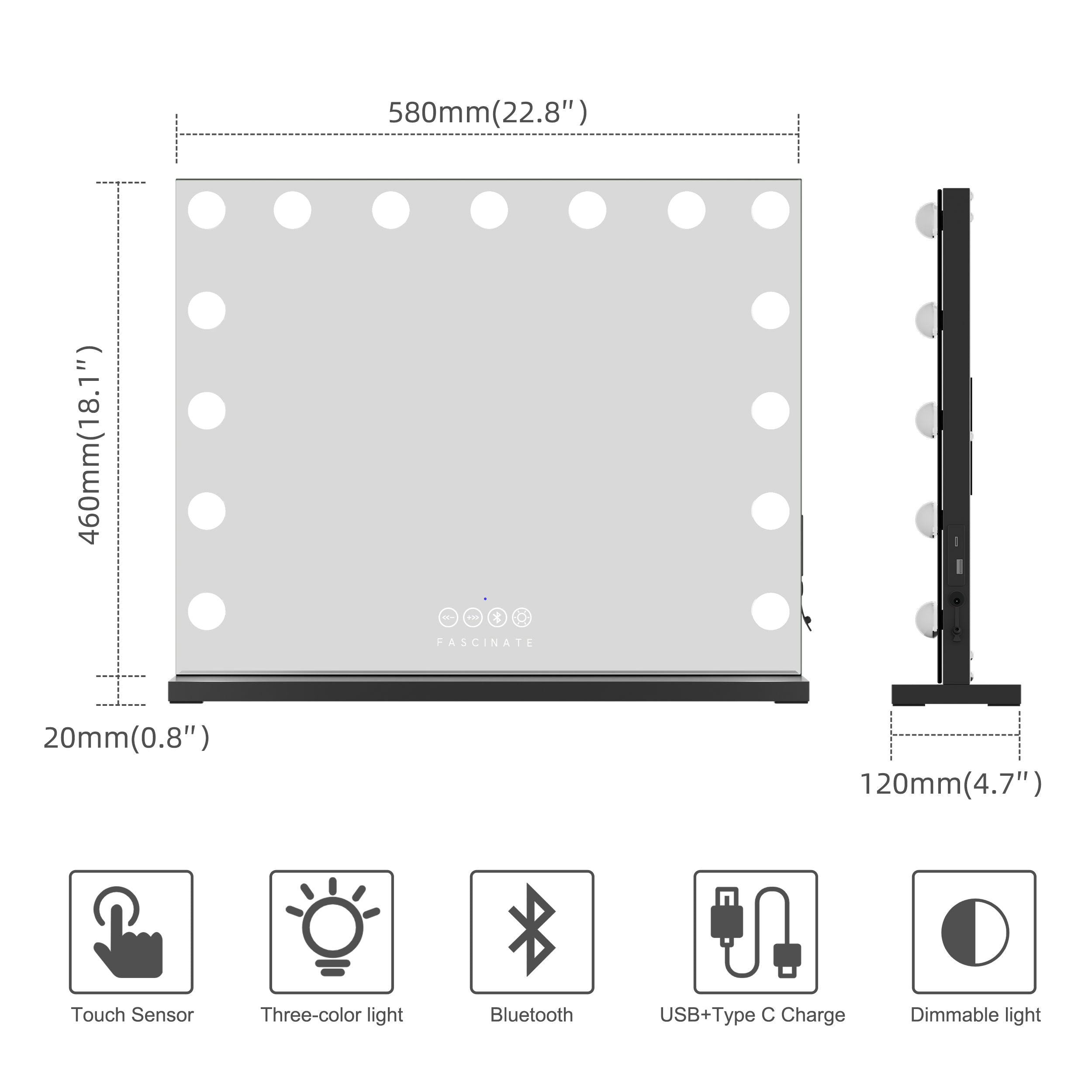Industrial Hollywood Mirror – 58x48cm Black, Bluetooth & Speaker Phone, 15 LED
