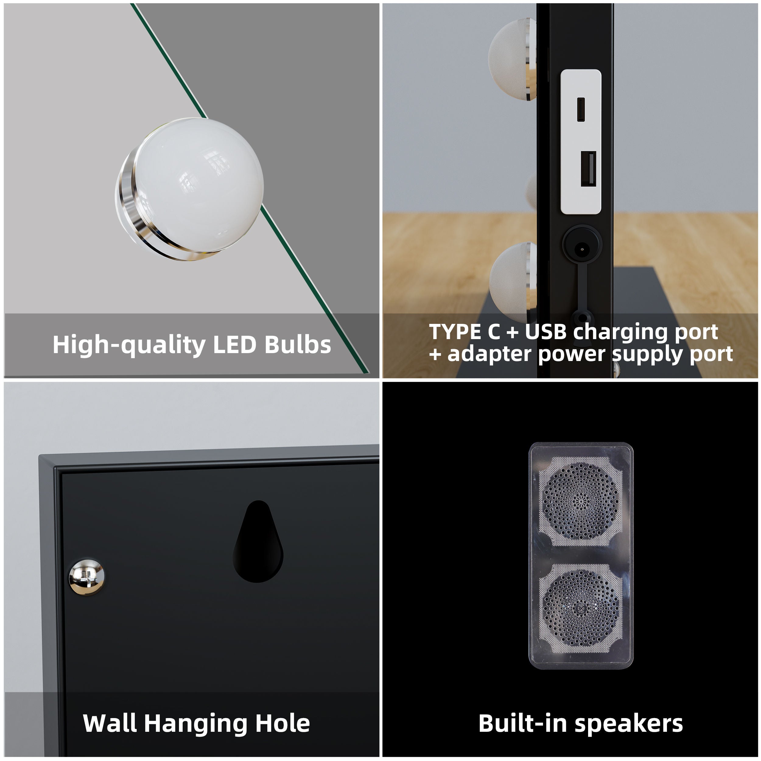Industrial Hollywood Mirror – 58x48cm Black, Bluetooth & Speaker Phone, 15 LED