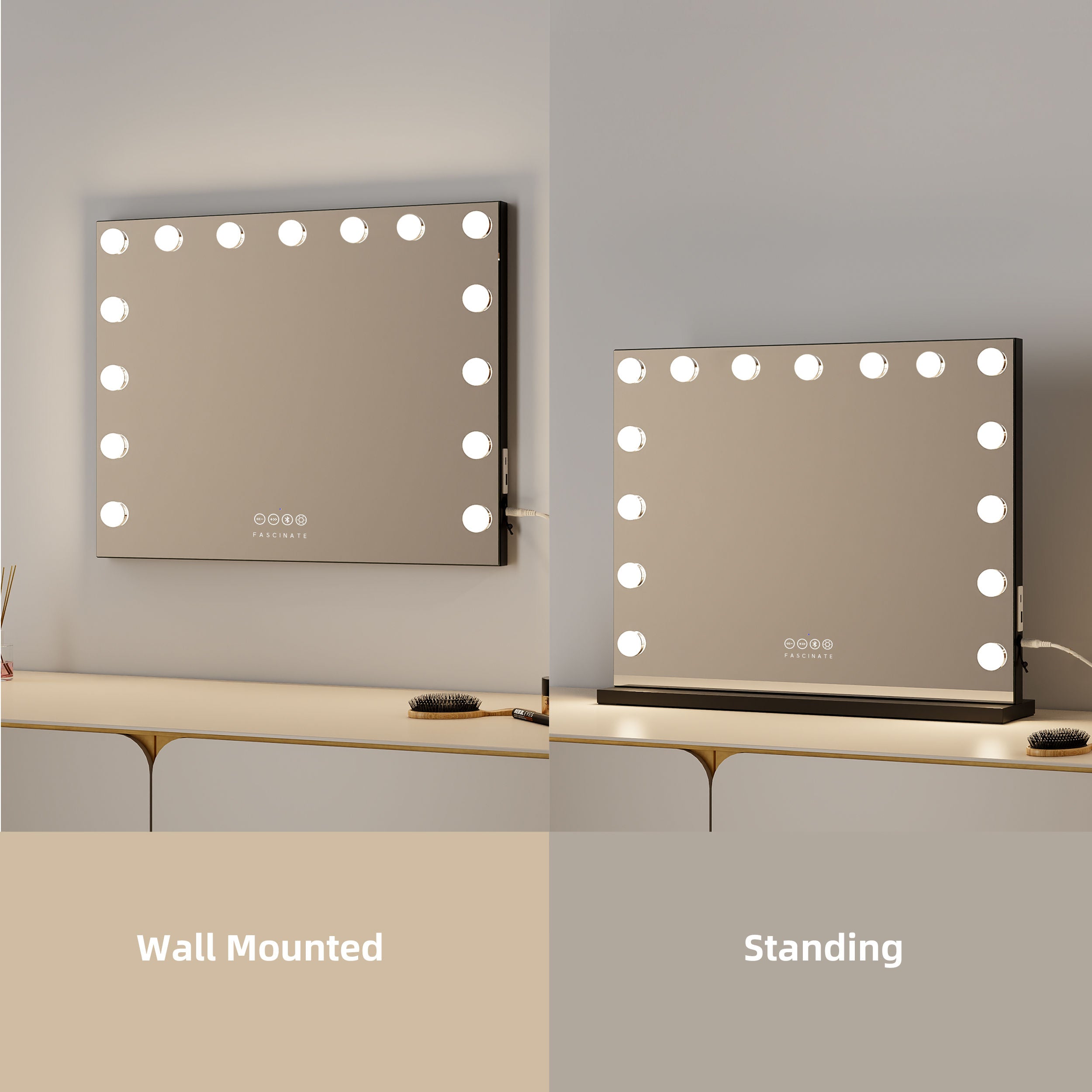 Industrial Hollywood Mirror – 58x48cm Black, Bluetooth & Speaker Phone, 15 LED