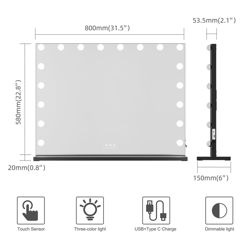 Hollywood Vanity Mirror 18 Dimmable LED XtraLarge 80x60cm