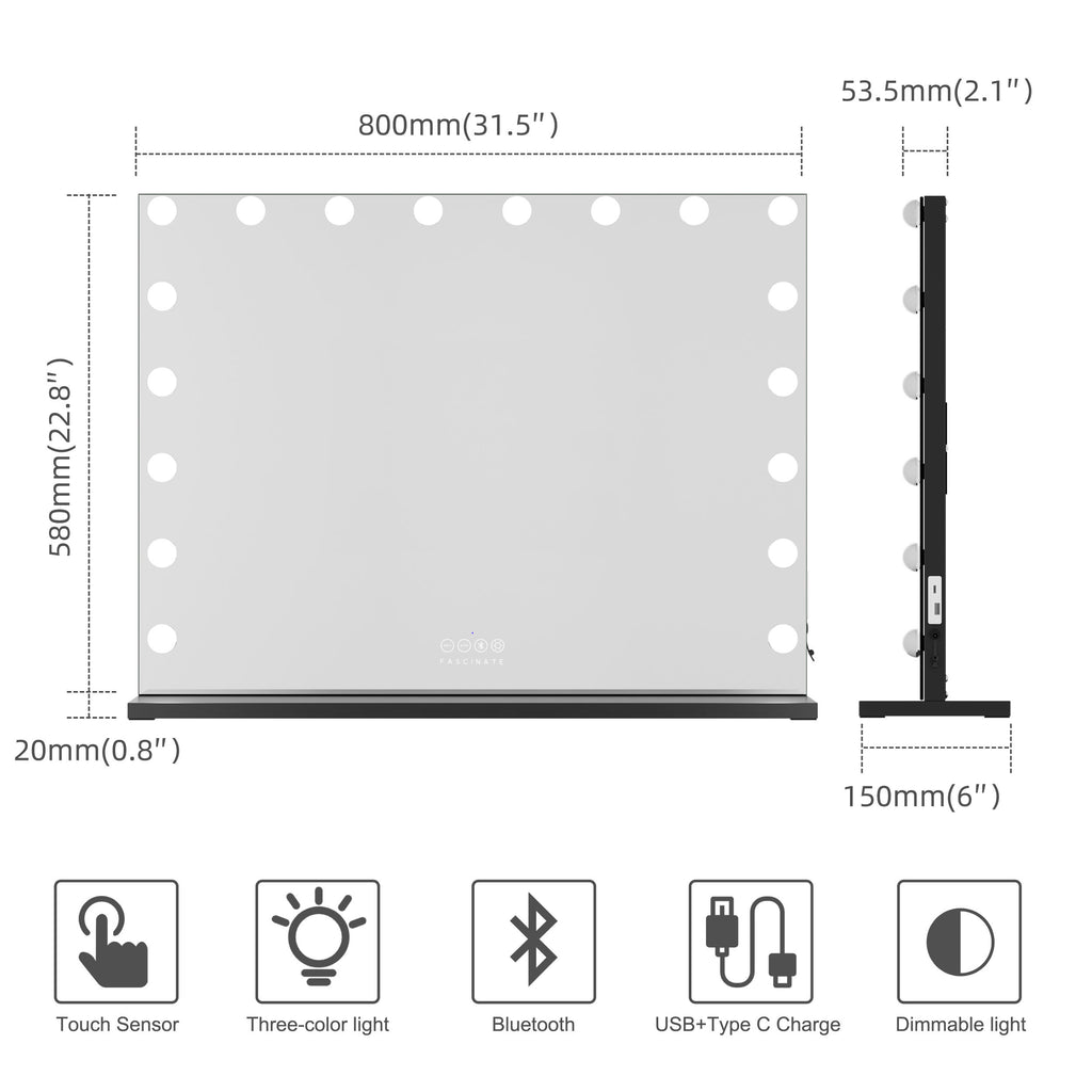 Hollywood Vanity Makeup Mirror Xtra Large 18 Dimmable LED Bluetooth 80x60 Gift