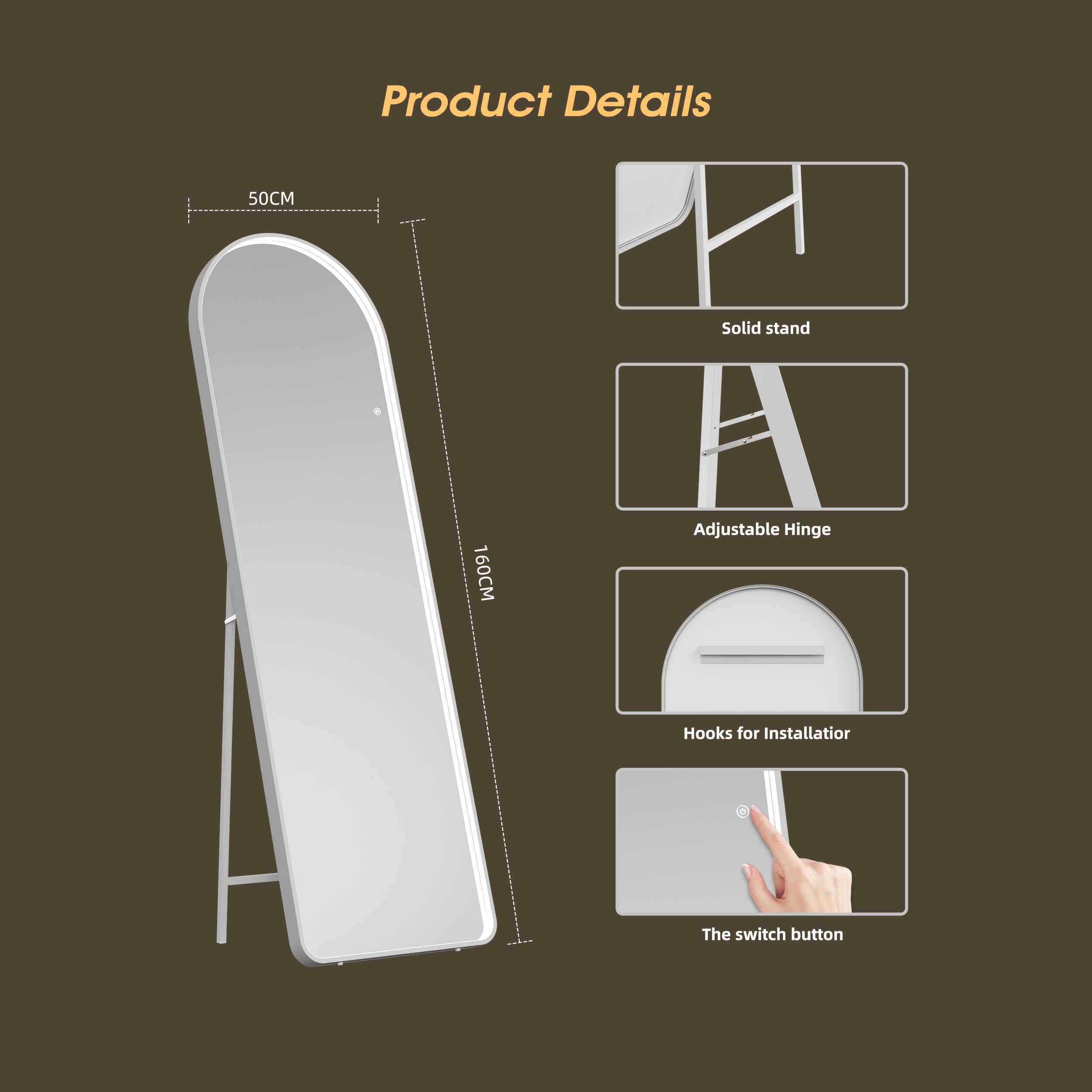 Arched Hollywood LED Mirror – 160x50cm, Boutique Inner Glow, Tempered Glass