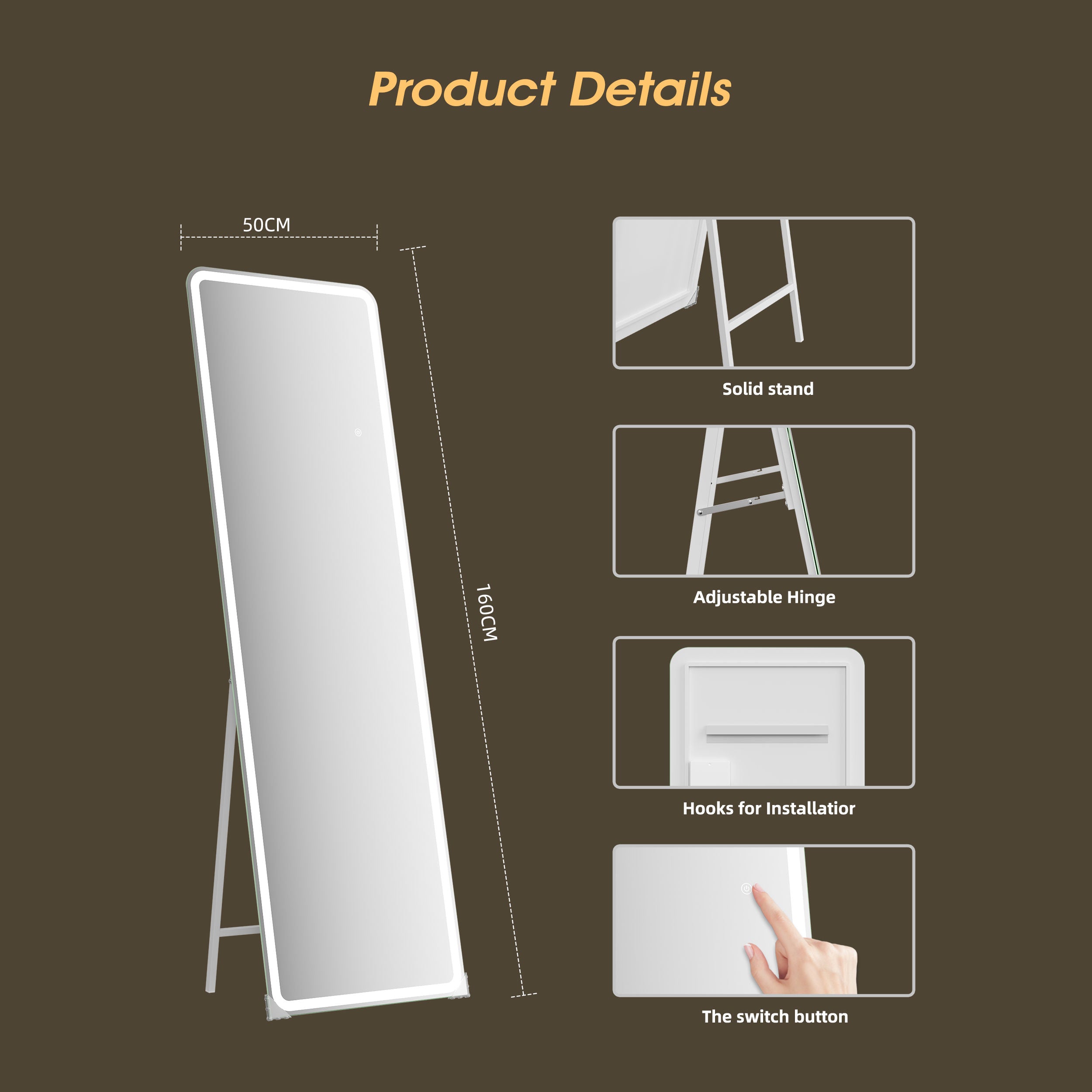 Oblong Hollywood LED Mirror – 160x50cm Full Length, Studio Lighting, HD Glass