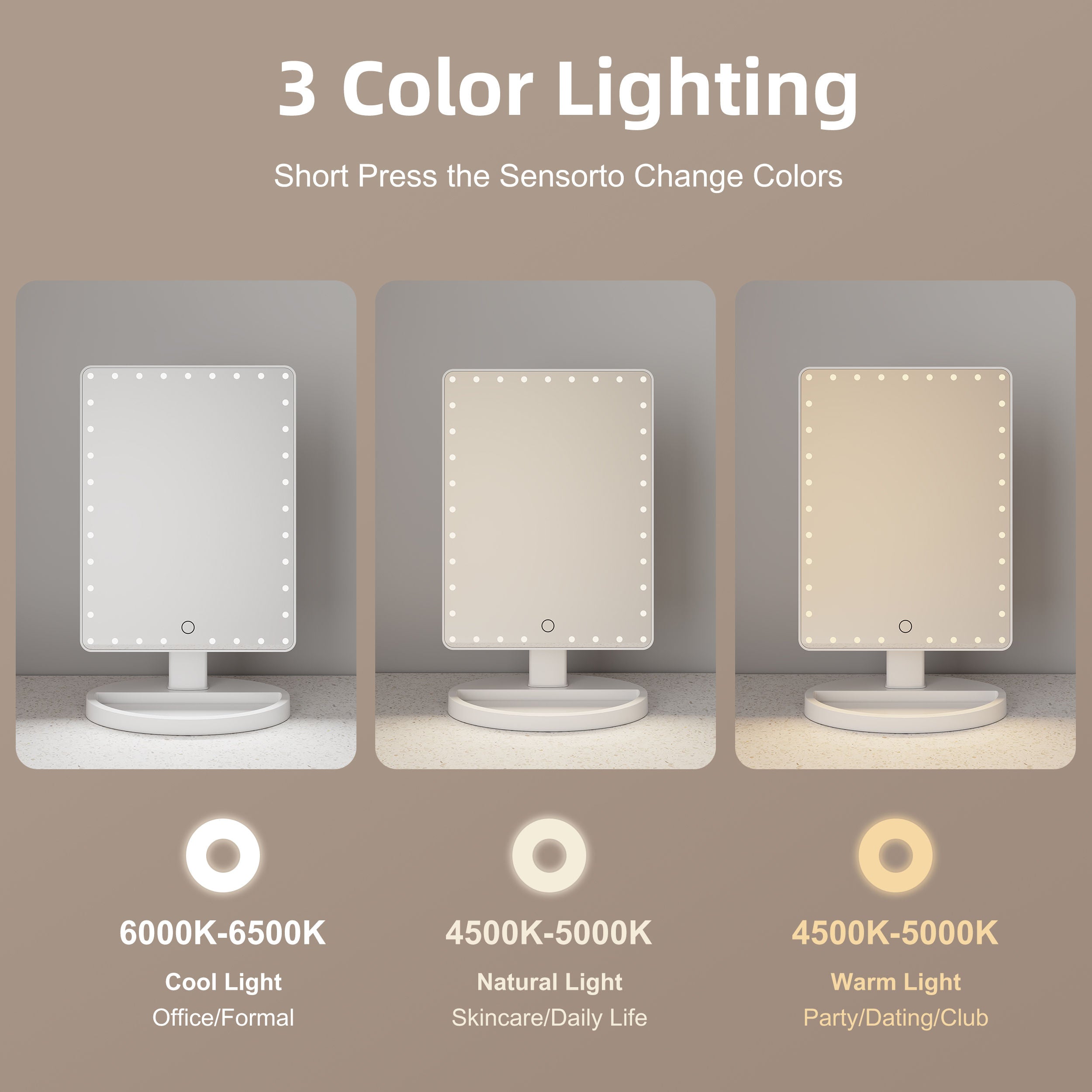 Hollywood Style LED Tabletop Mirror – 360° Swivel, Dimmable & Storage Base