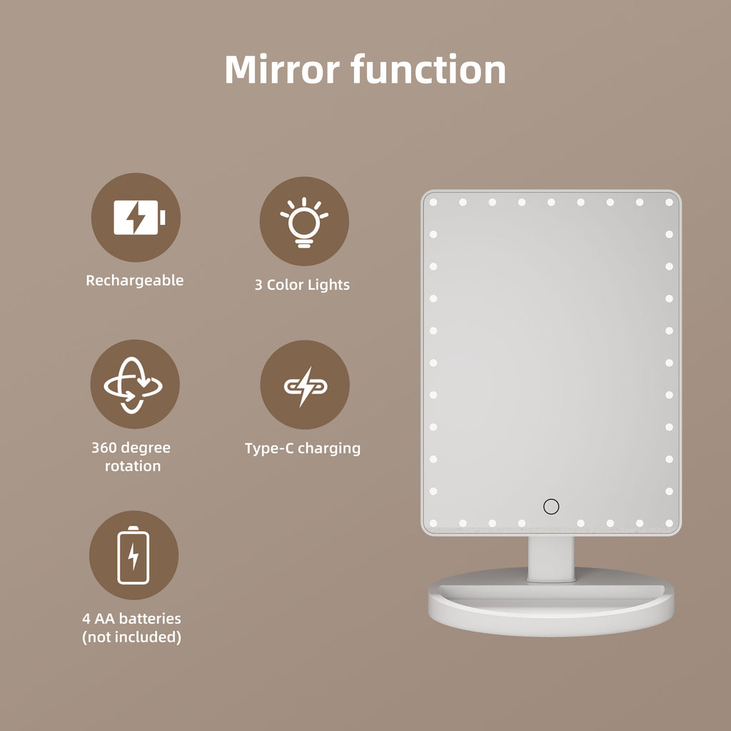 Hollywood Style LED Tabletop Mirror – 360° Swivel, Dimmable & Storage Base