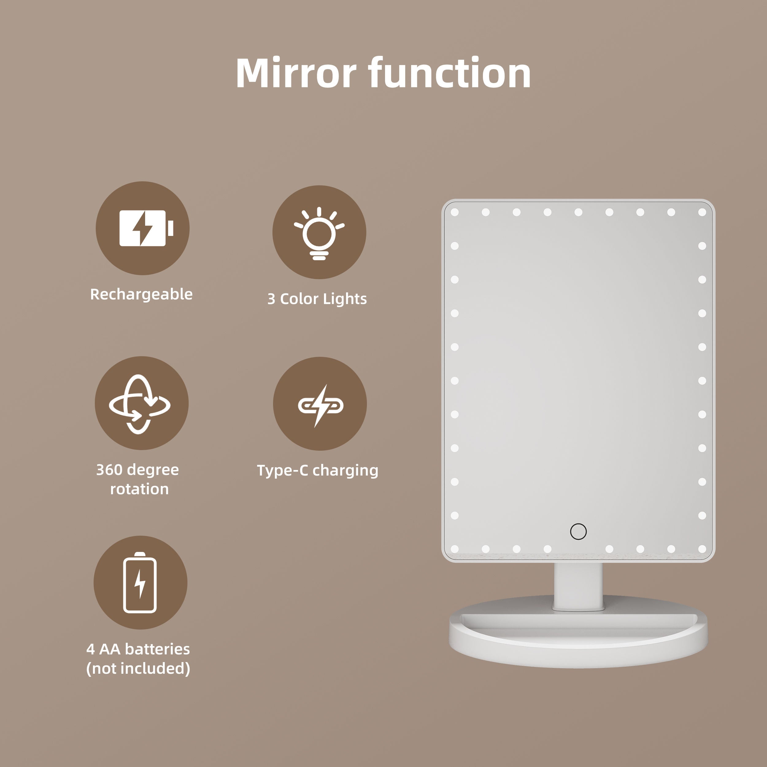 Hollywood Style LED Tabletop Mirror – 360° Swivel, Dimmable & Storage Base