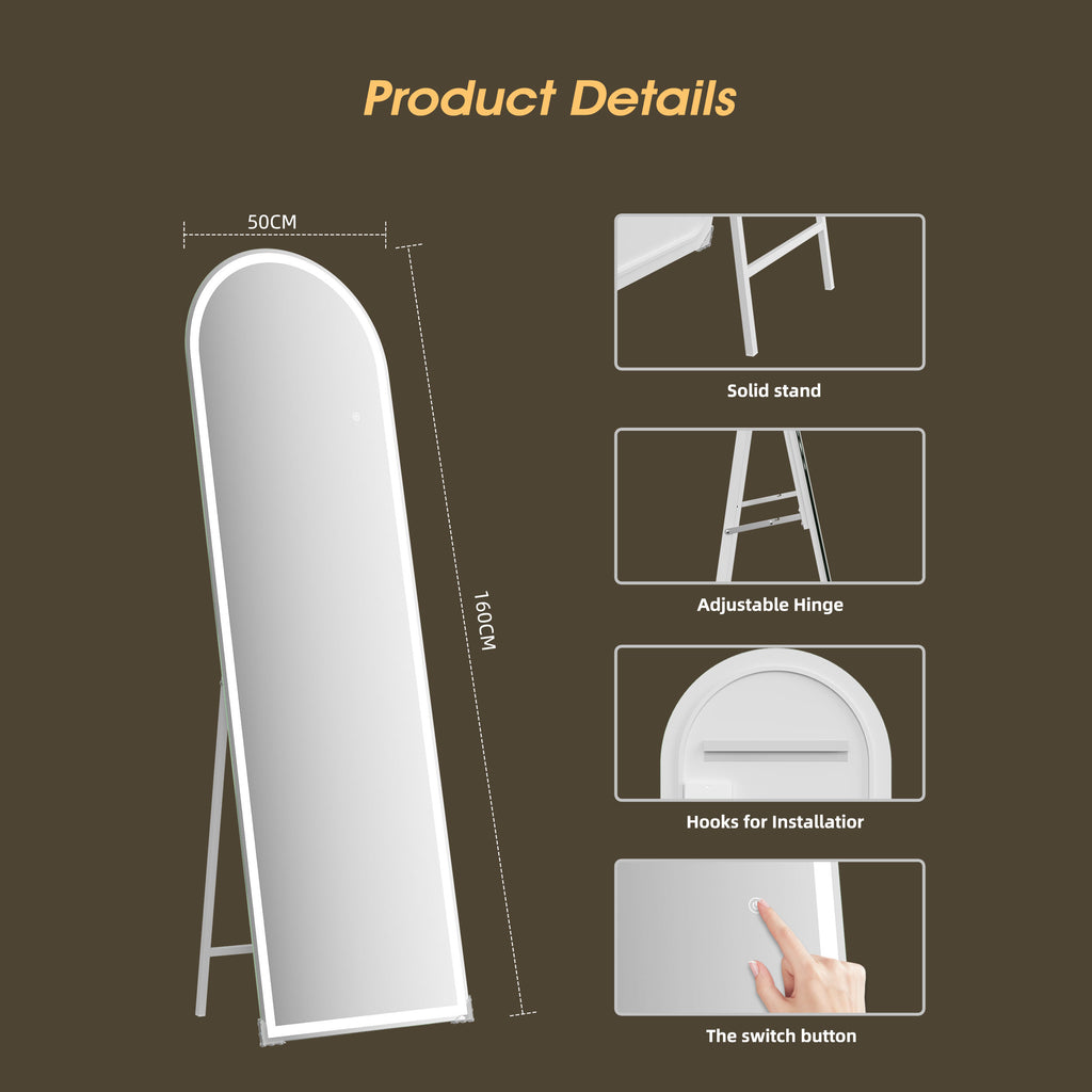 Arched Full Length LED Mirror – 160x50cm, Shatter-Proof, Floor & Wall Mounted