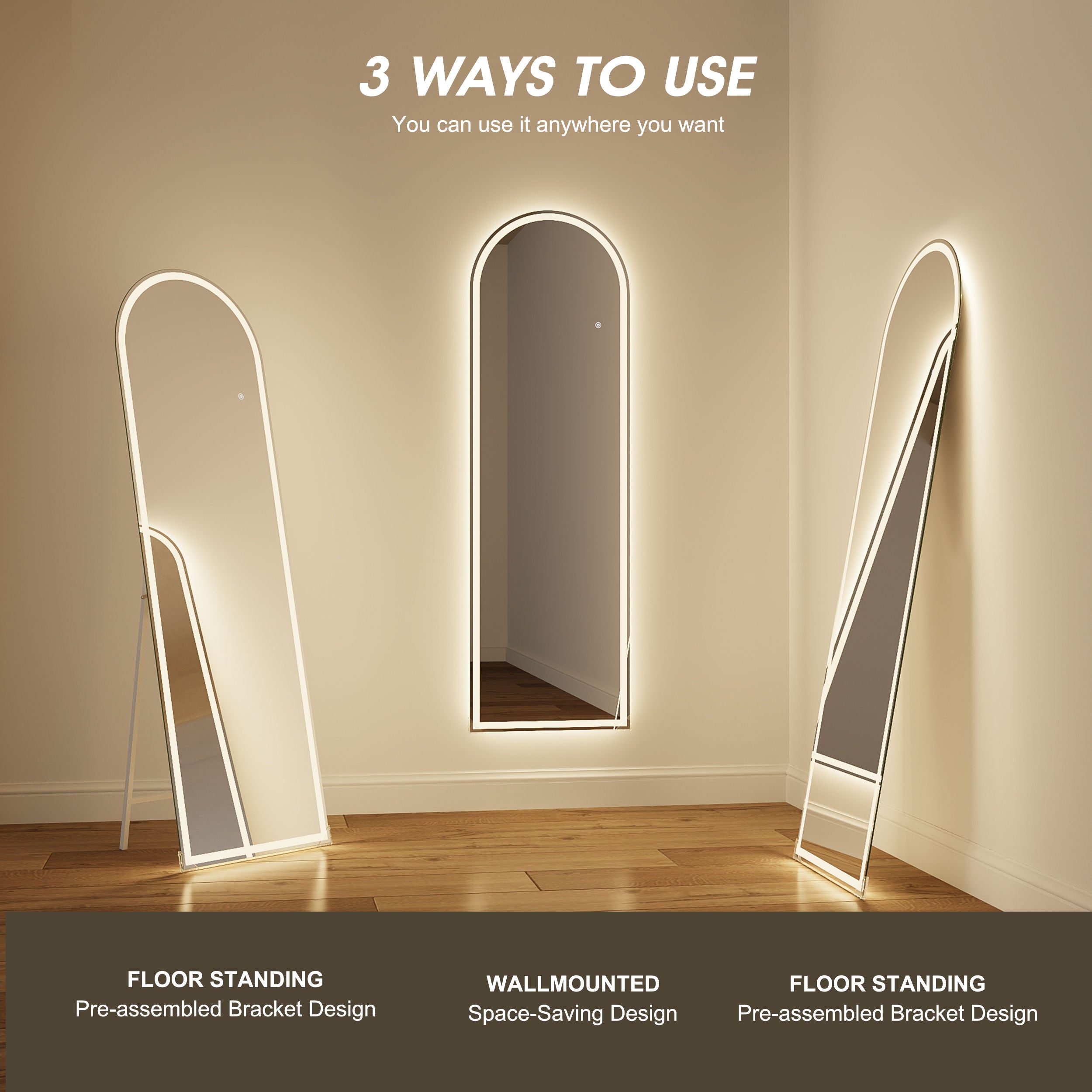 Arched Full Length LED Mirror – 160x50cm, Shatter-Proof, Floor & Wall Mounted