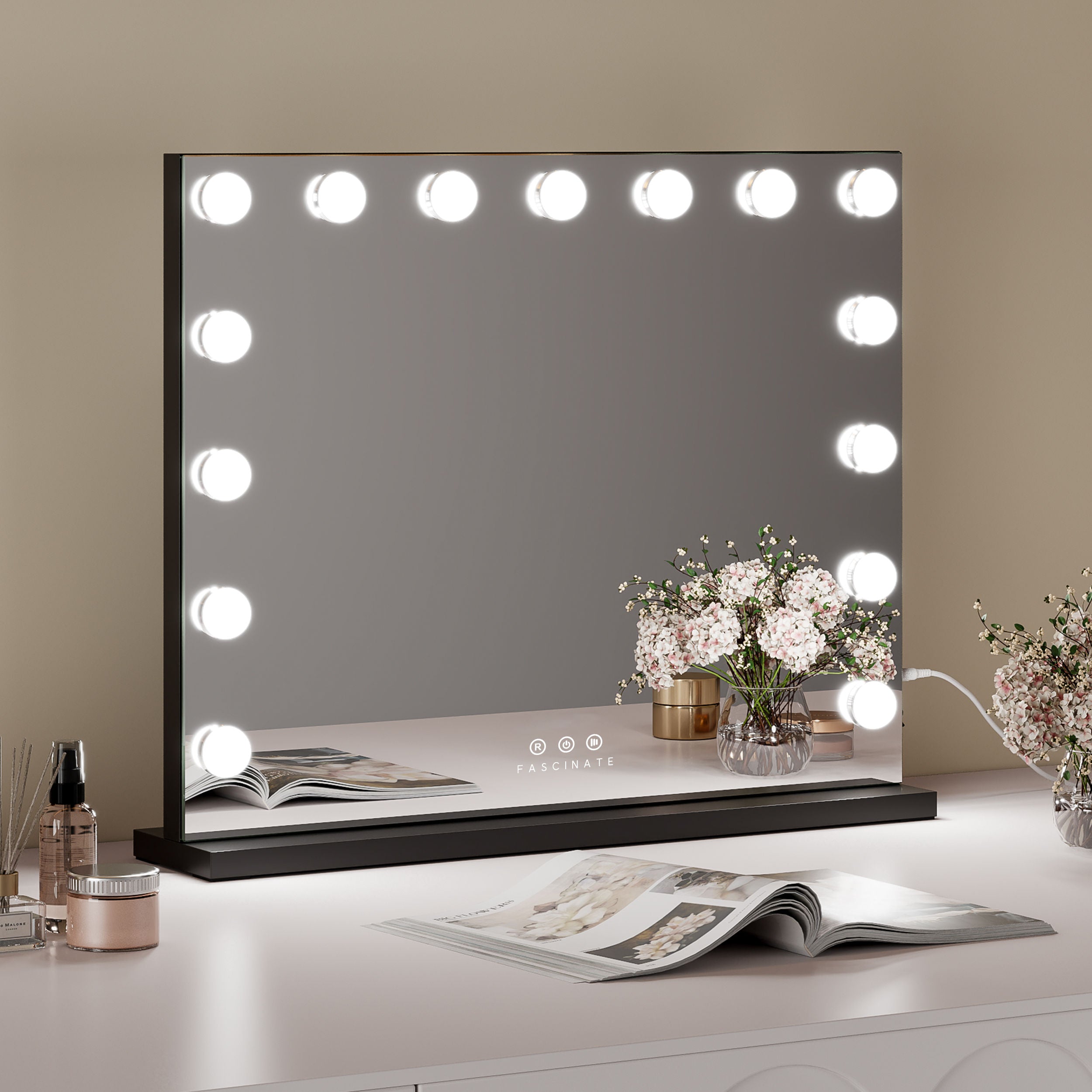 15 LED Hollywood Vanity Mirror – Industry Chic Black Frame, Dimmable 58x48cm