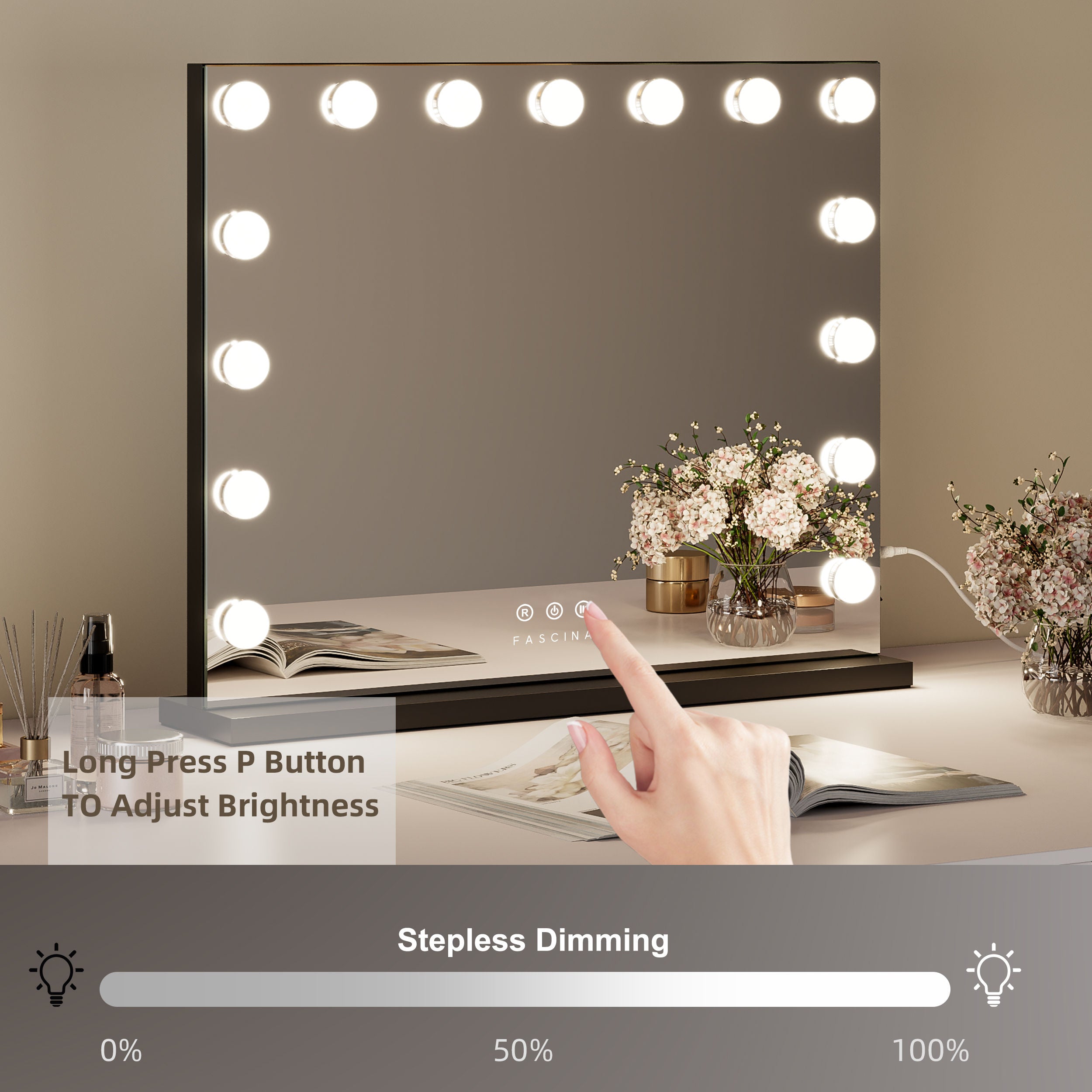 15 LED Hollywood Vanity Mirror – Industry Chic Black Frame, Dimmable 58x48cm