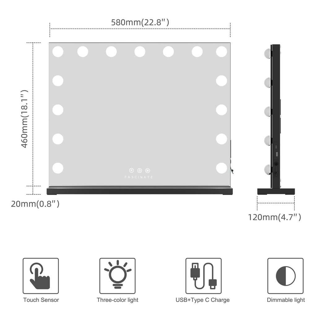 15 LED Hollywood Vanity Mirror – Industry Chic Black Frame, Dimmable 58x48cm