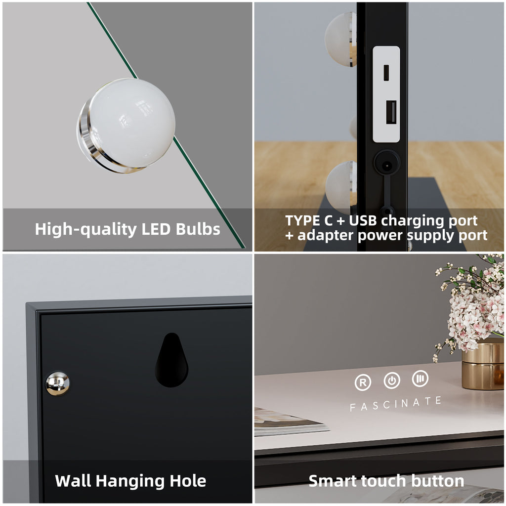 15 LED Hollywood Vanity Mirror – Industry Chic Black Frame, Dimmable 58x48cm