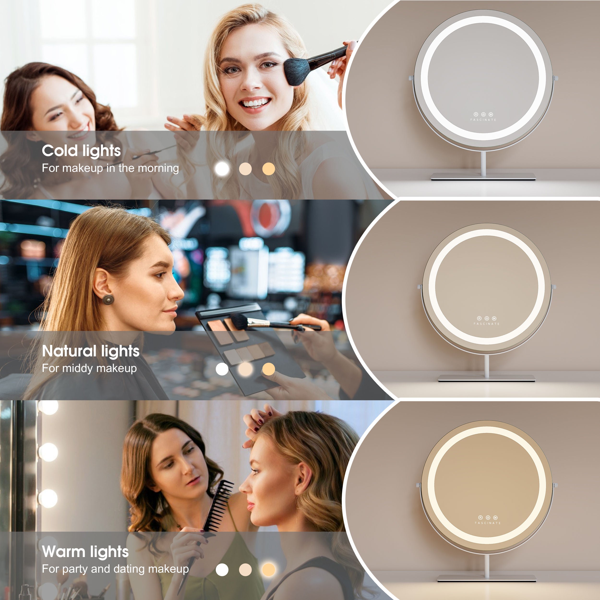 Round Beauty Cosmetic Makeup Hollywood Vanity Mirror - White 49x30cm