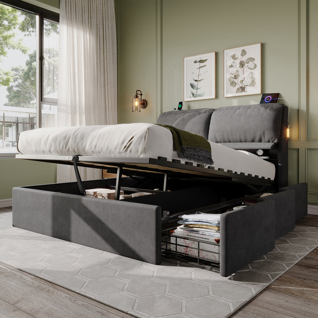 5ft King Bed with Hydraulic Storage, Velvet Upholstered Bed with Headboard Flip-top Storage and Drawers, Back Cushion Headboard with Charging Station and LED Night Light, Grey (No Mattress)