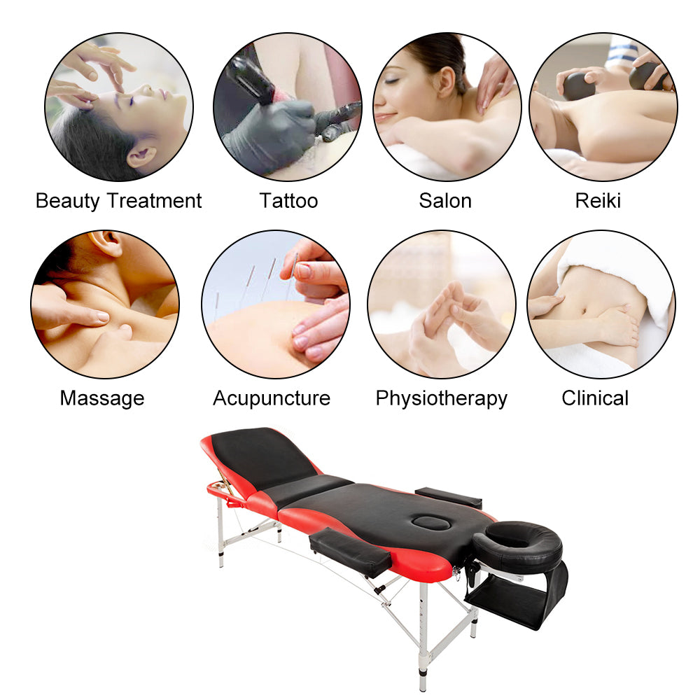 Massage Table Couch Bed Aluminium Deluxe Lightweight Professional Beauty Tattoo Spa 3 Section with Premium PU Leather and 5 cm High Density Multi-Layer Foam Headrest Arm support and Carrying Bag Red