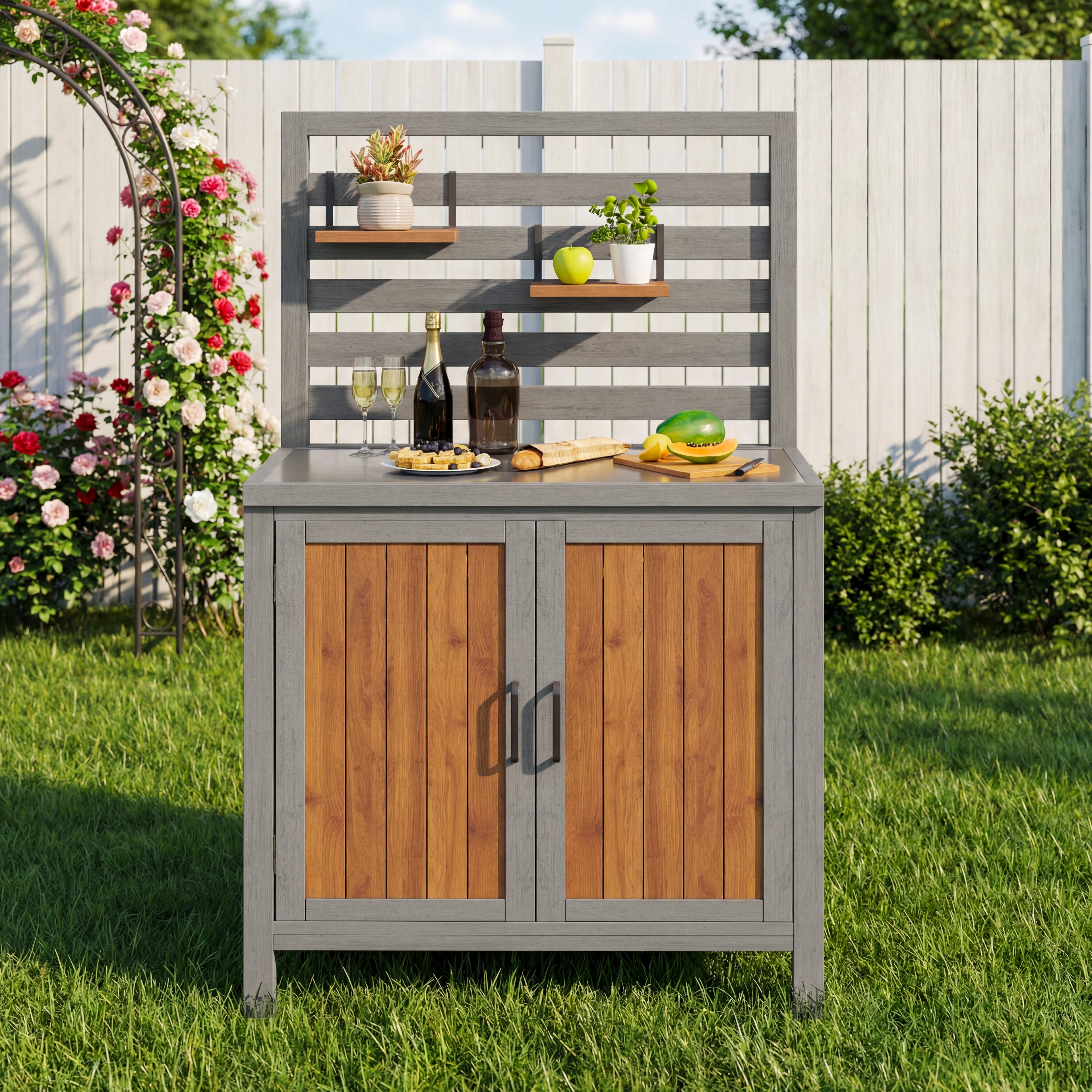 Weatherproof wooden garden cabinet – tool shed with stainless steel worktop, grill station with adjustable shelves and storage compartments, kitchen cabinet for patio, balcony, garden