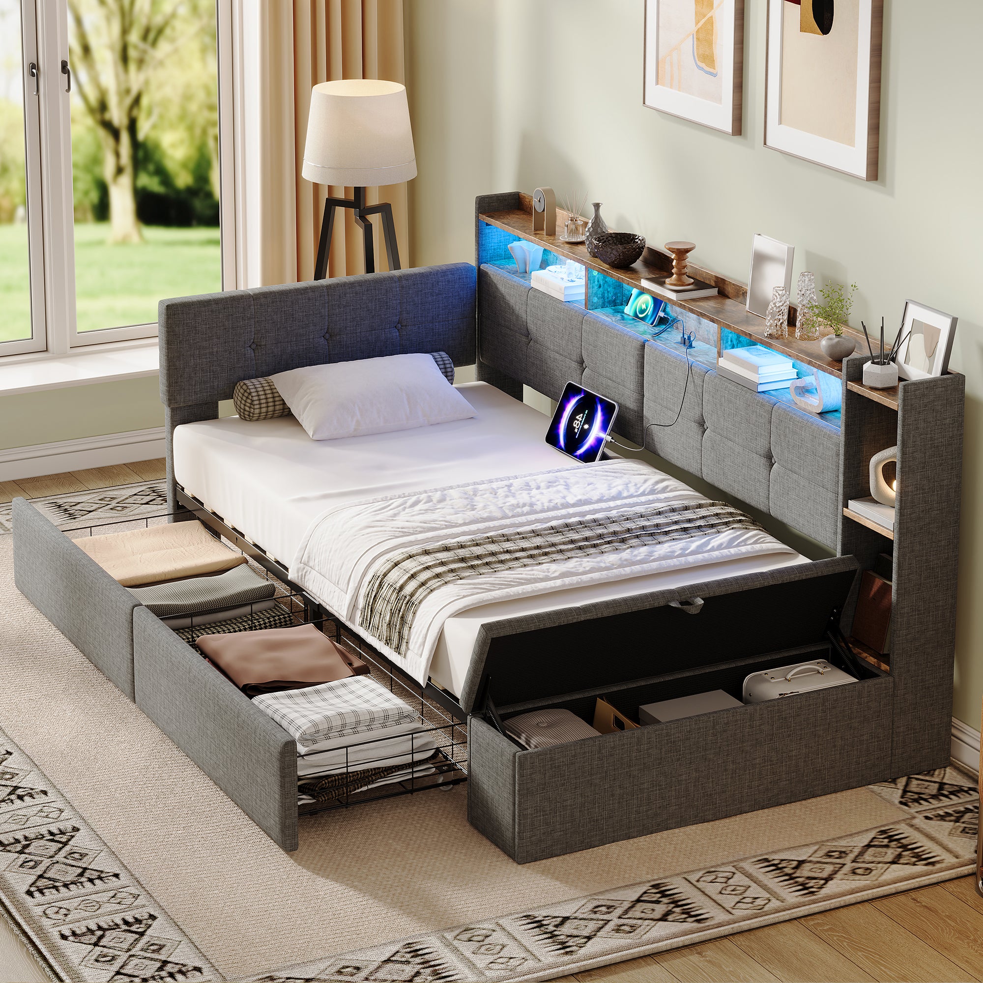 3ft Single LED Daybed with Storage Drawers and Bed End Ottoman Storage, Modern Linen Sofa Bed with Charging Station for Living Room/ Bedroom/ Study Room, 90X190cm, Grey (No Mattress)