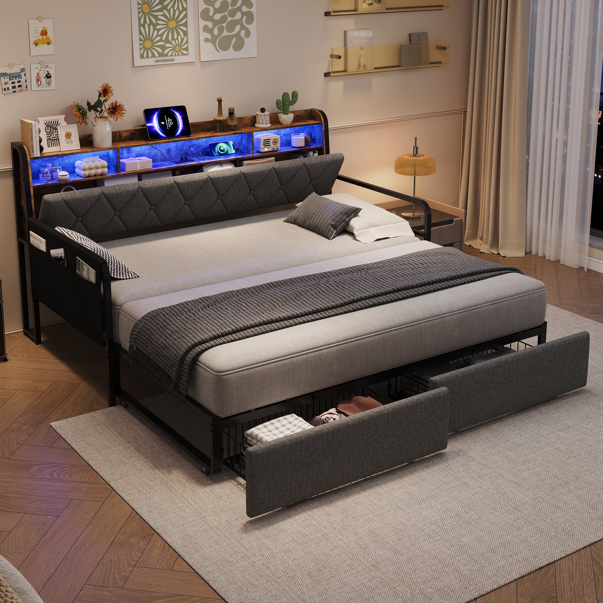 3ft Single Daybed with Pull-out Trundle and Storage Drawer, Walnut Wood Sofa Bed with LED Lighting and Charging Station, Concealed Headboard Storage, Reversible Side Pocket, Linen, Grey (No Mattress)