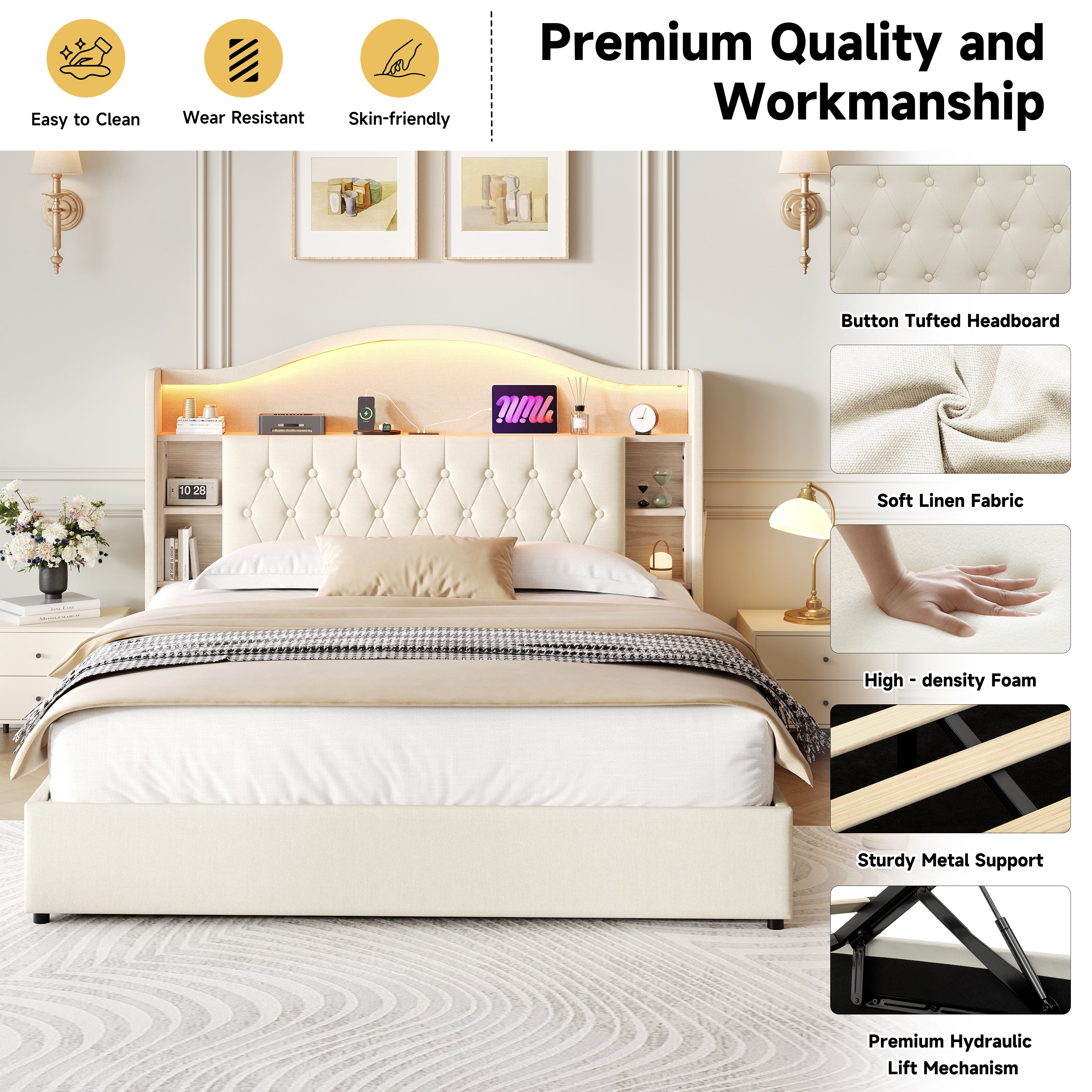 5ft King Upholstered Bed Frame with Hydraulic Storage, LED Curved Button Tufted Headboard with Charging Station and Concealed Headboard Storage, USB and Type - C Ports, Linen, Beige (No Mattress)