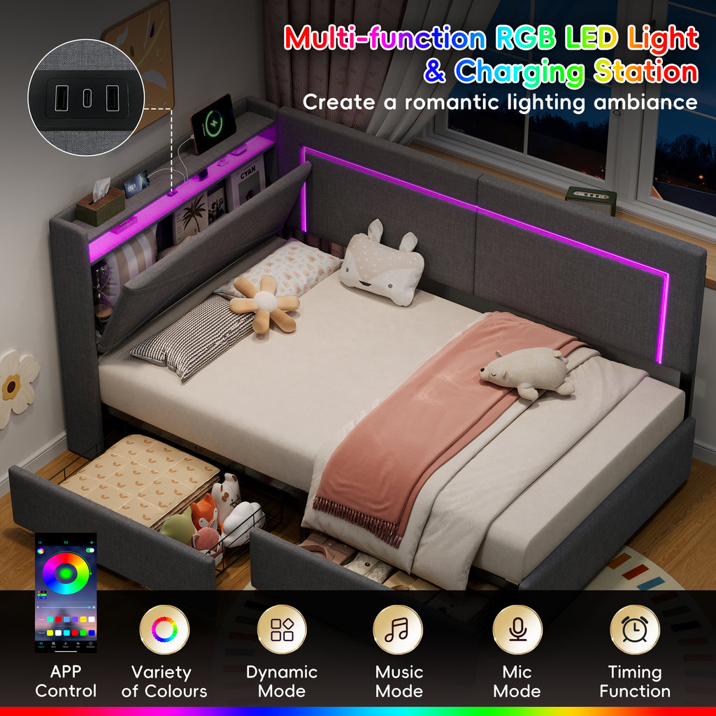 3ft Single Daybed with Two Storage Drawers, LED Concealed Headboard Storage with Charging Station, Modern Linen Sofa Bed for Living Room/ Bedroom/ Study Room, 90X190cm, Grey (No Mattress)