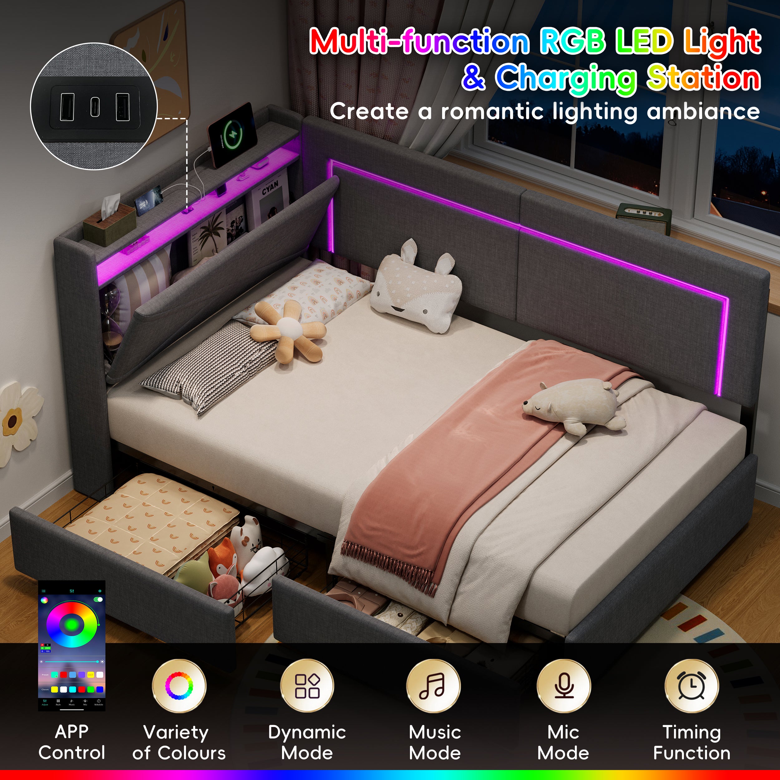 3ft Single Daybed with Two Storage Drawers, LED Concealed Headboard Storage with Charging Station, Modern Linen Sofa Bed for Living Room/ Bedroom/ Study Room, 90X190cm, Grey (No Mattress)