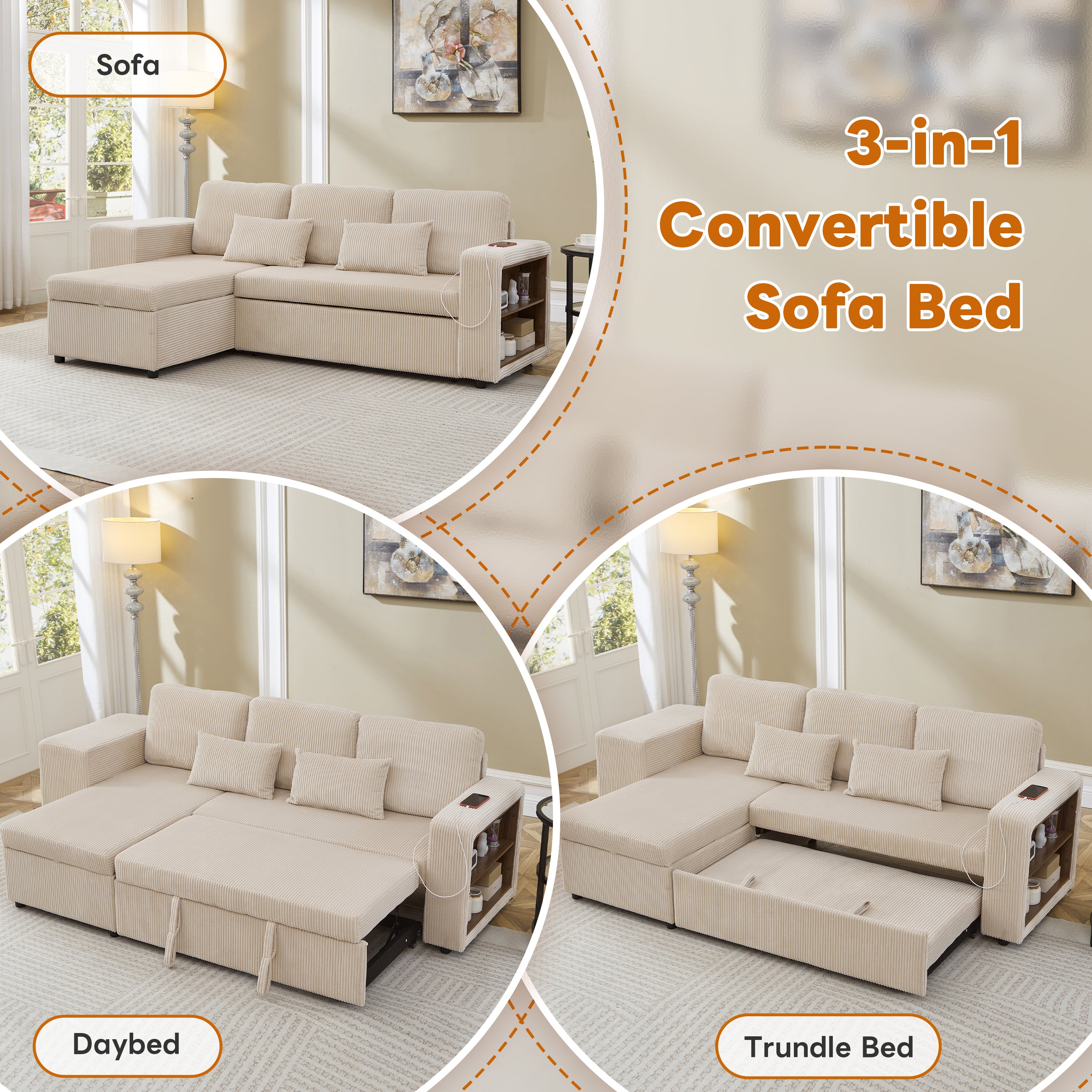 Modern L-Shaped Convertible Sofa Bed, 3-in-1 Convertible Sofa Bed with Internal Storage Chaise, Nesting Footstools, Integrated Charging Station & Adjustable Armrest Side Storage, Corduroy Fabric,Beige
