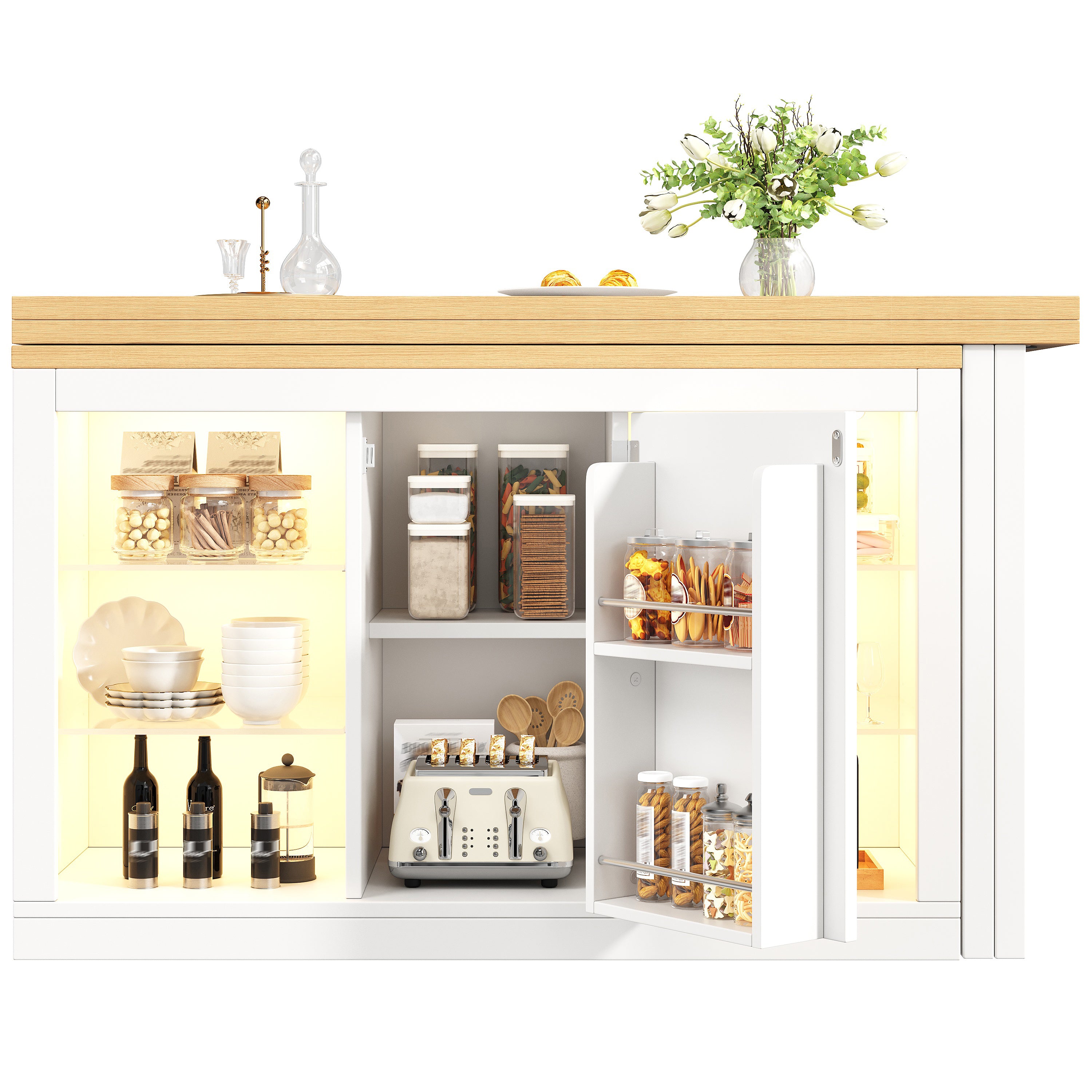 Extendable Sideboard with LED Lights, 120-197 cm Adjustable Dining Table with Storage, Kitchen cabinet with glass shelves & snack rack, White/Black