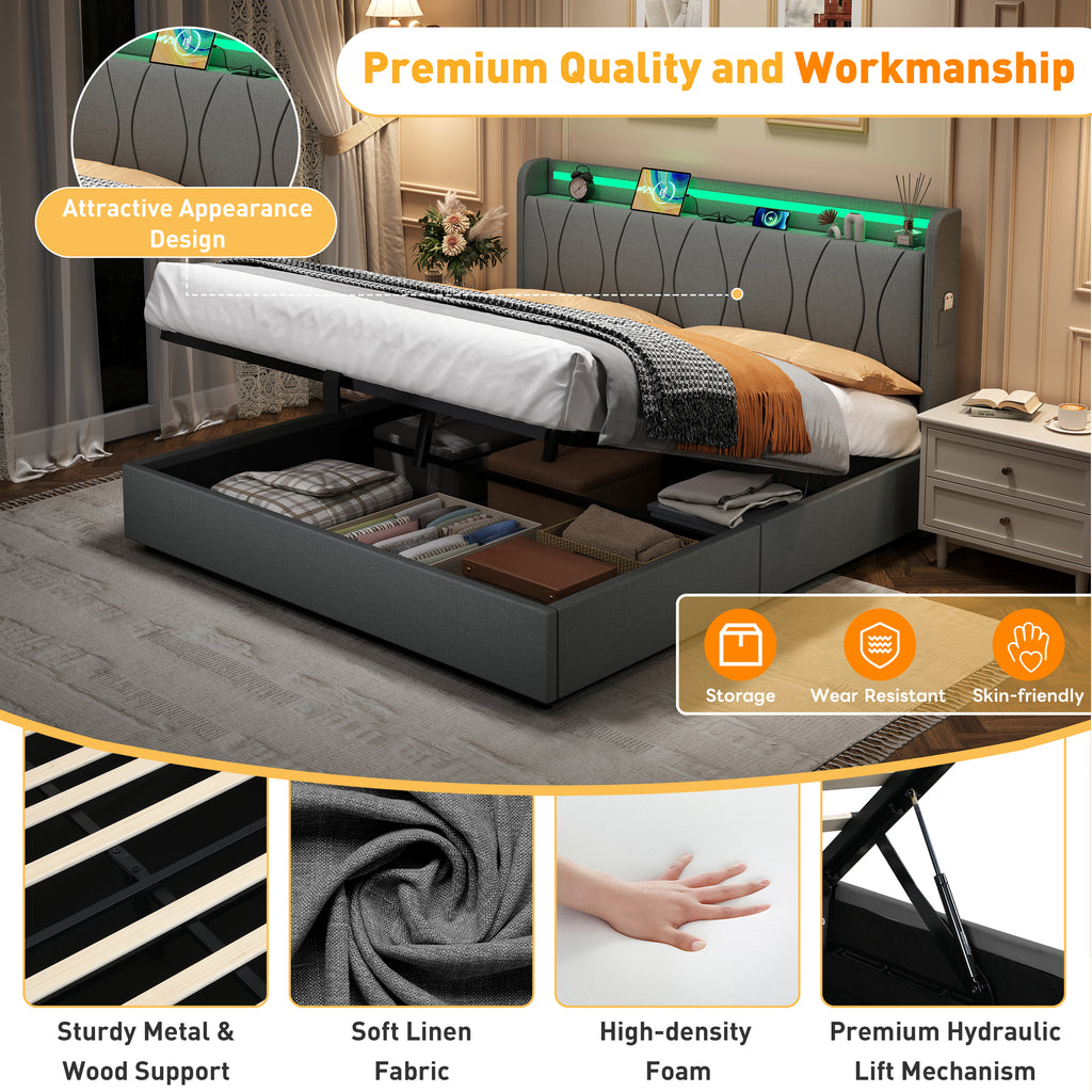5ft King Upholstered Bed Frame with Hydraulic Storage, LED Headboard with Charging Station and Concealed Headboard Storage, USB and Type - C Ports, Linen, No Box Spring Needed, Grey (No Mattress)