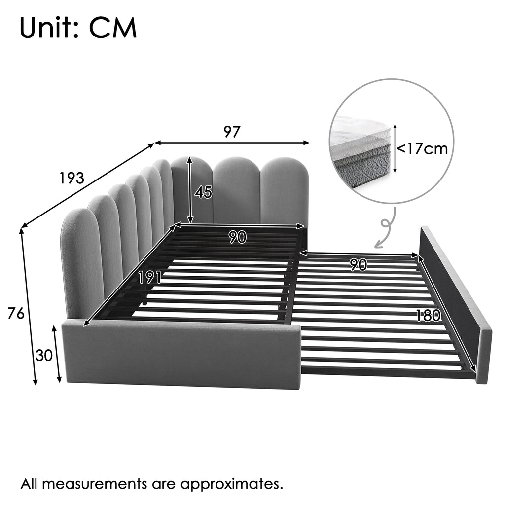 Upholstered Bed Daybed with Pull-Out Bed, 3FT Single Sofa Bed 90 x 190 cm, Guest Beds for Adults and Children, Bed with Slatted Frame, Velvet, Grey (No Mattress)