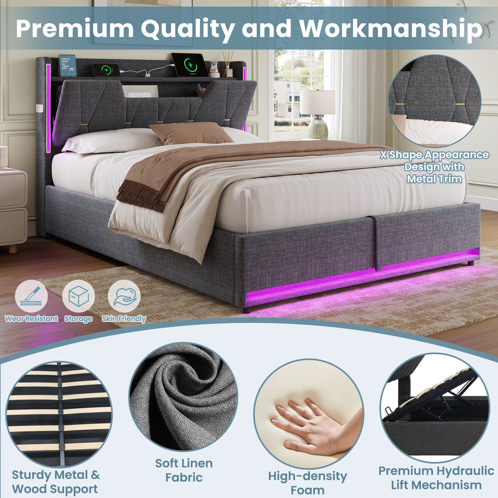 4ft6 Double Upholstered Bed Frame with Hydraulic Storage,  LED X-Shape Headboard with Charging Station and Flip-top Headboard Storage, USB and Type - C Ports, Linen, Grey (No Mattress)