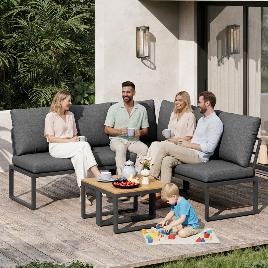 4-5 Seater Garden Outdoor Set with Flexibly Convertible Plastic Wood Tables, Adjustable Corner Sofa and Lounge Chair, Weather-Resistant Patio Furniture for Garden, Balcony and Terrace, Linen, Grey