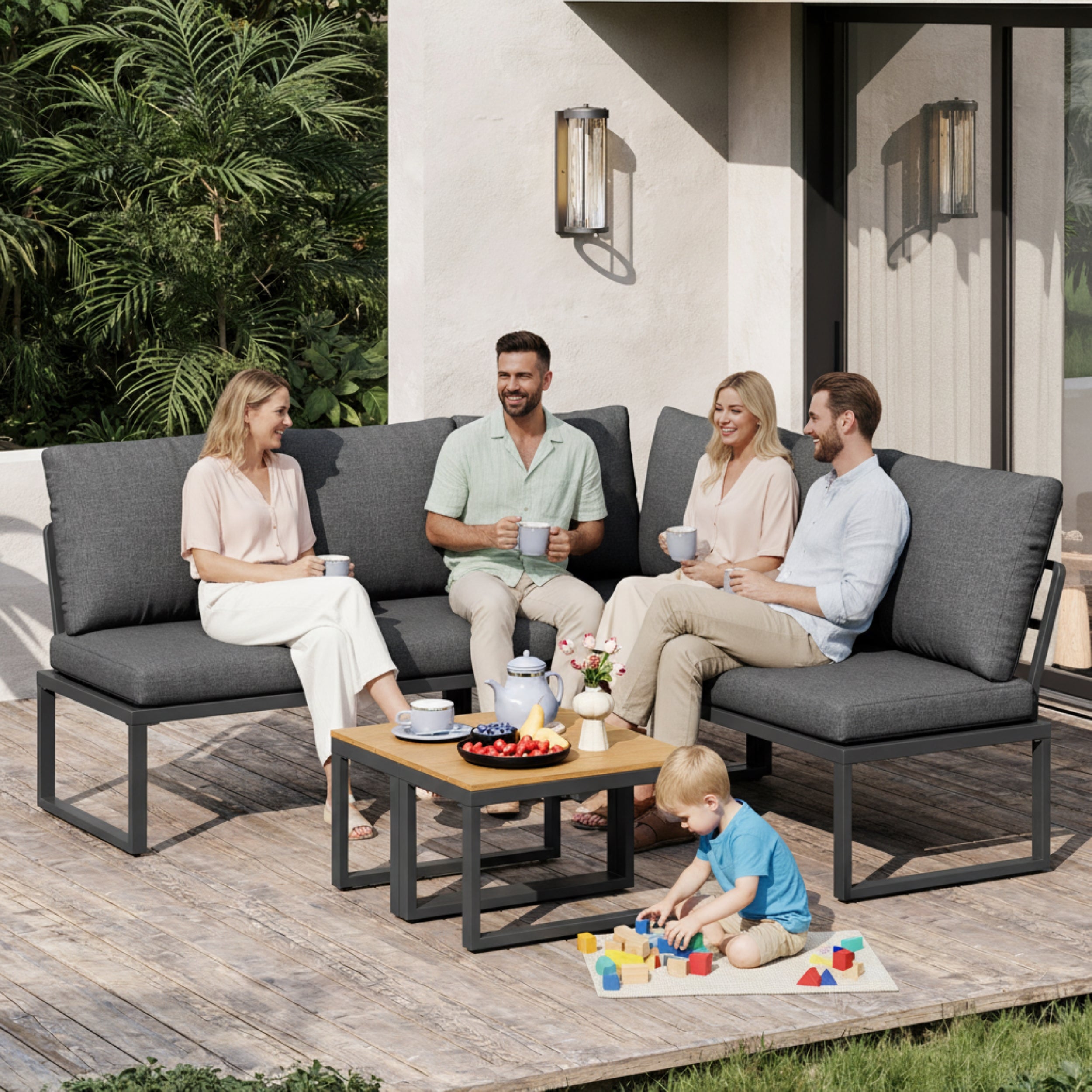 4-5 Seater Garden Outdoor Set with Flexibly Convertible Plastic Wood Tables, Adjustable Corner Sofa and Lounge Chair, Weather-Resistant Patio Furniture for Garden, Balcony and Terrace, Linen, Grey