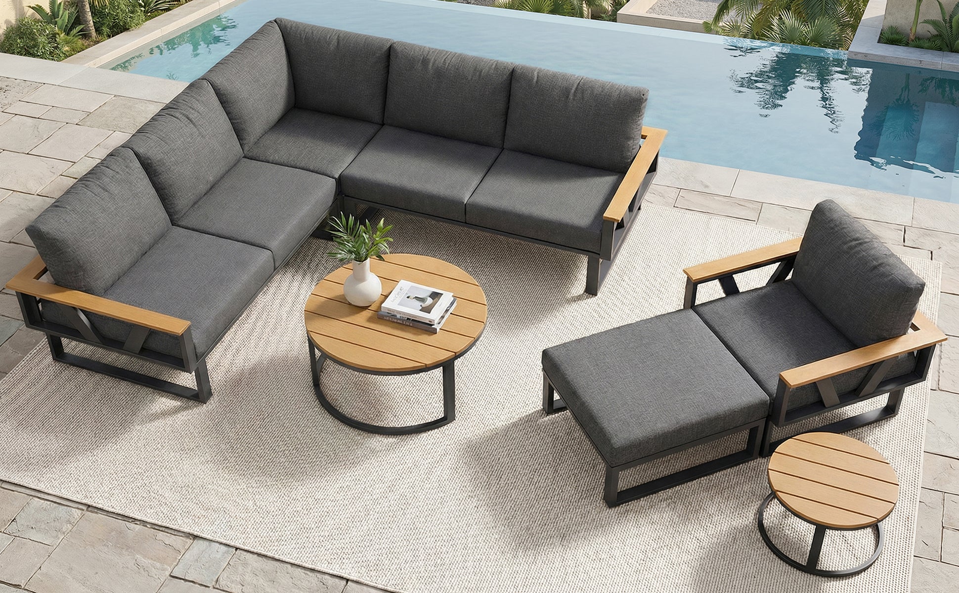 Modular Outdoor Sofa Set with Nesting Tables, Sturdy Metal Frame, Washable Cushions, for Patio & Garden