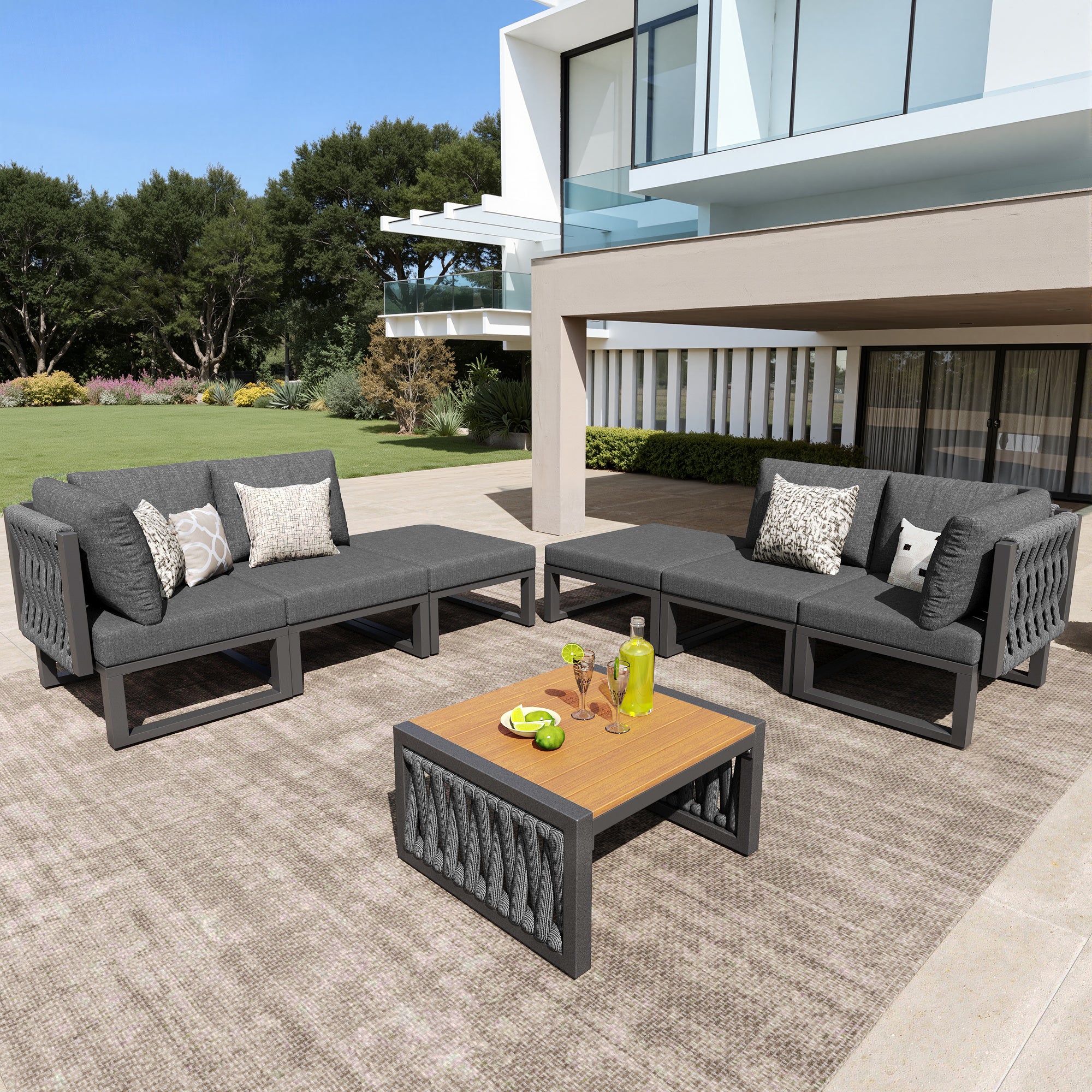 Garden Furniture Set with High-Quality Seat & Back Cushions, Garden Lounge Armchairs for 6 People, Outdoor Daybed, Adjustable Backrest Angle, Gray