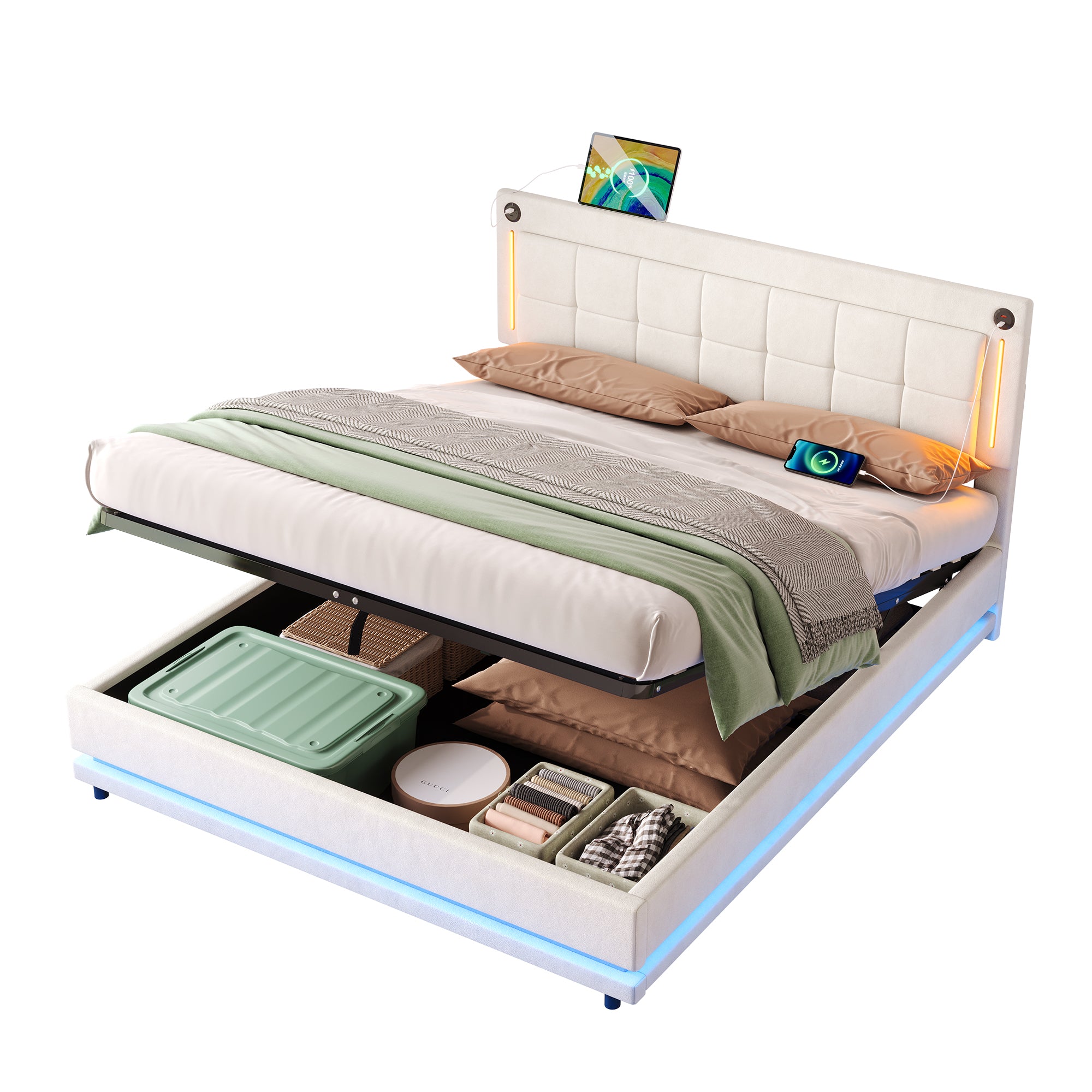 4ft6 Double LED Hydraulic Bed with Charging Station, Adjustable Square Tufted Headboard with Intelligent Control Light, Soft Velvet Bed Frame with USB and Type - C Ports, Beige (No Mattress)