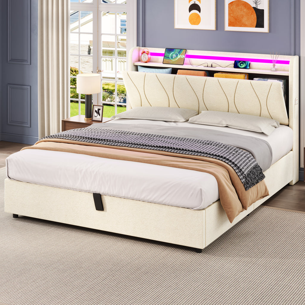 4ft6 Double Upholstered Bed Frame with Hydraulic Storage, LED Headboard with Charging Station and Concealed Headboard Storage, USB and Type - C Ports, Linen, No Box Spring Needed, Beige (No Mattress)