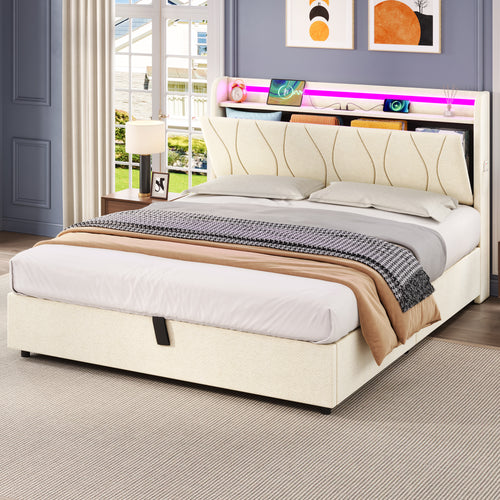 4ft6 Double Upholstered Bed Frame with Hydraulic Storage, LED Headboard with Charging Station and Concealed Headboard Storage, USB and Type - C Ports, Linen, No Box Spring Needed, Beige (No Mattress)