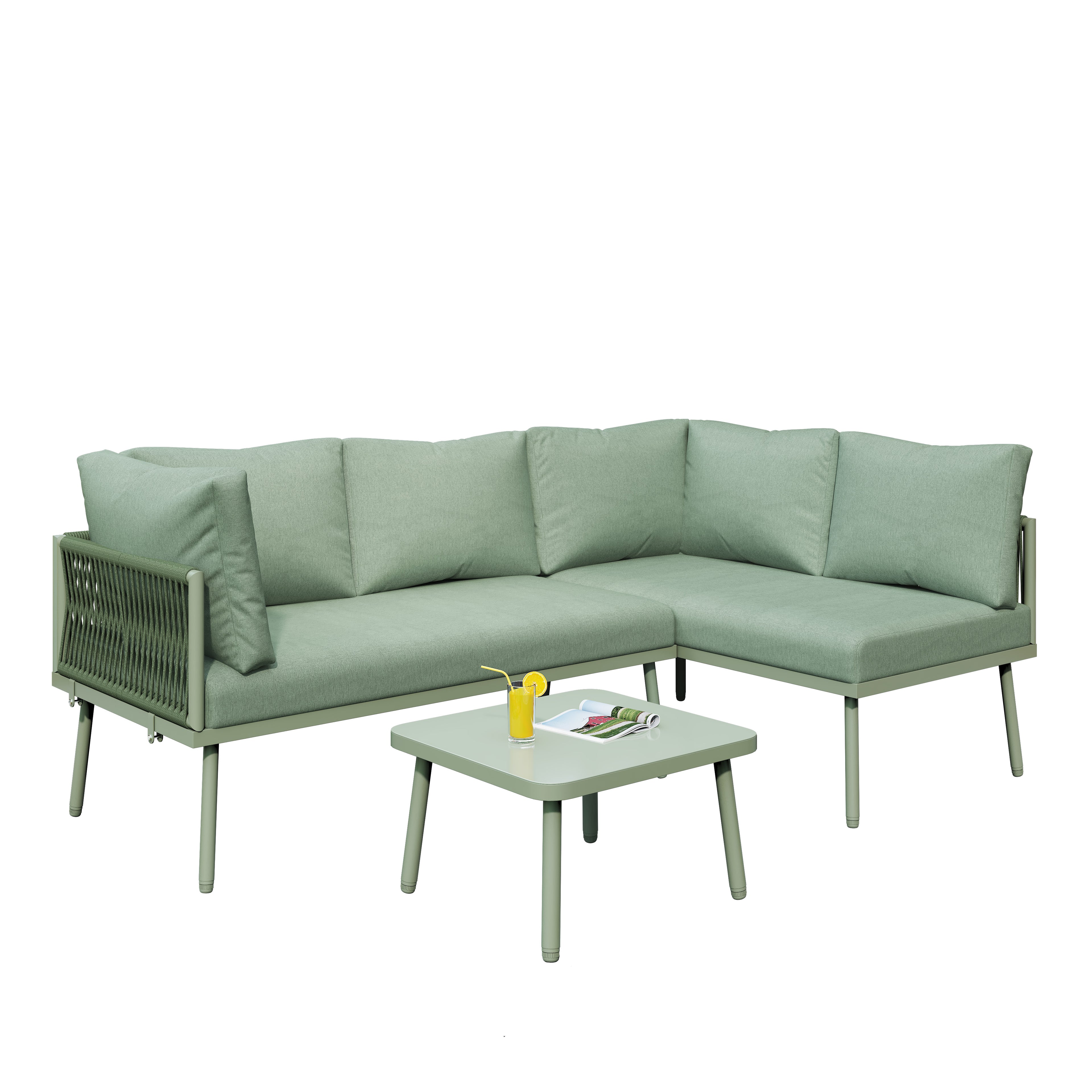 Outdoor Patio&Backyard Furniture Garden Lounge Set for 4-5 people, Thick Quality Space Saving L-Shaped Corner Sofa with Glass Coffee Table, Green