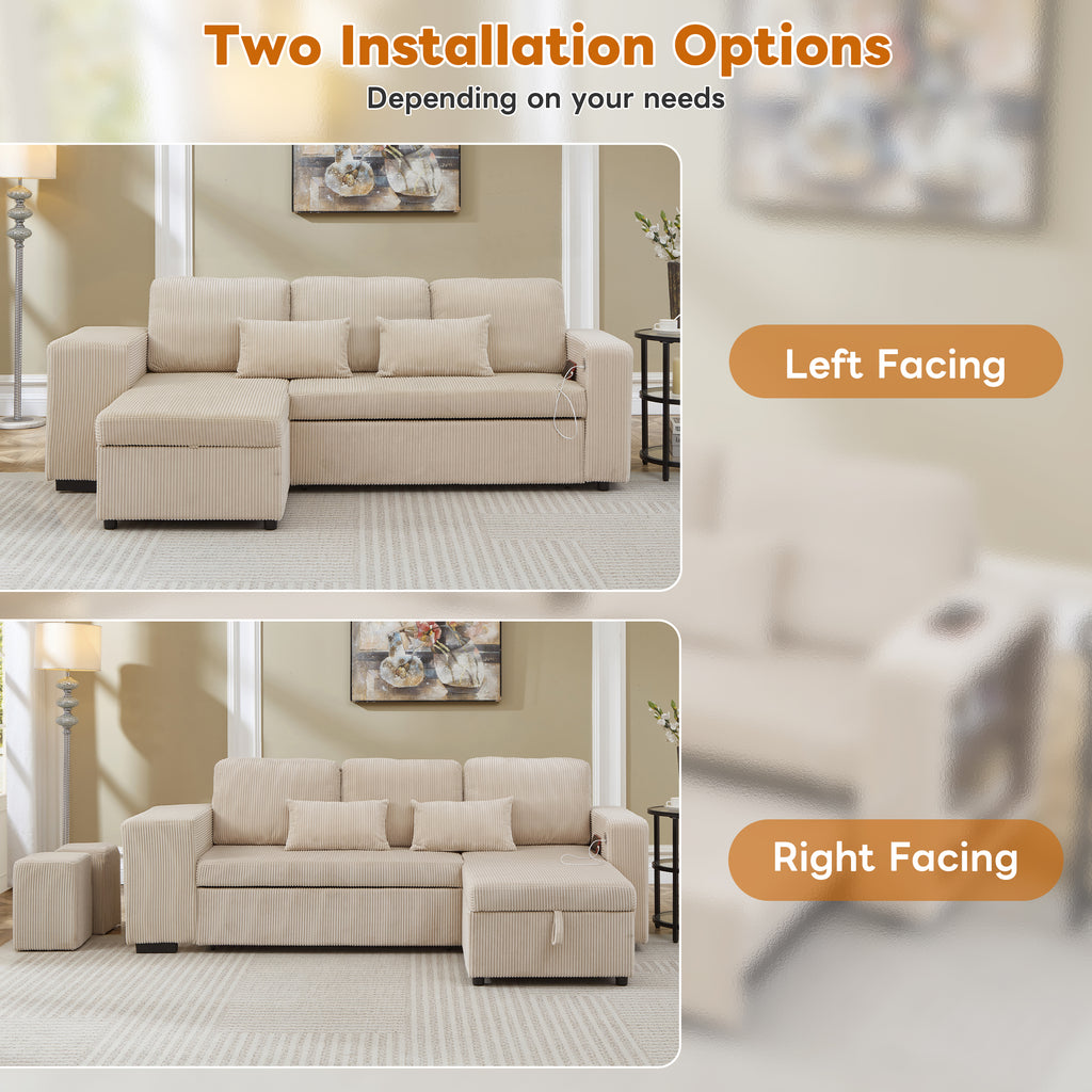 Modern L-Shaped Convertible Sofa Bed, 3-in-1 Convertible Sofa Bed with Internal Storage Chaise, Nesting Footstools, Integrated Charging Station & Adjustable Armrest Side Storage, Corduroy Fabric,Beige
