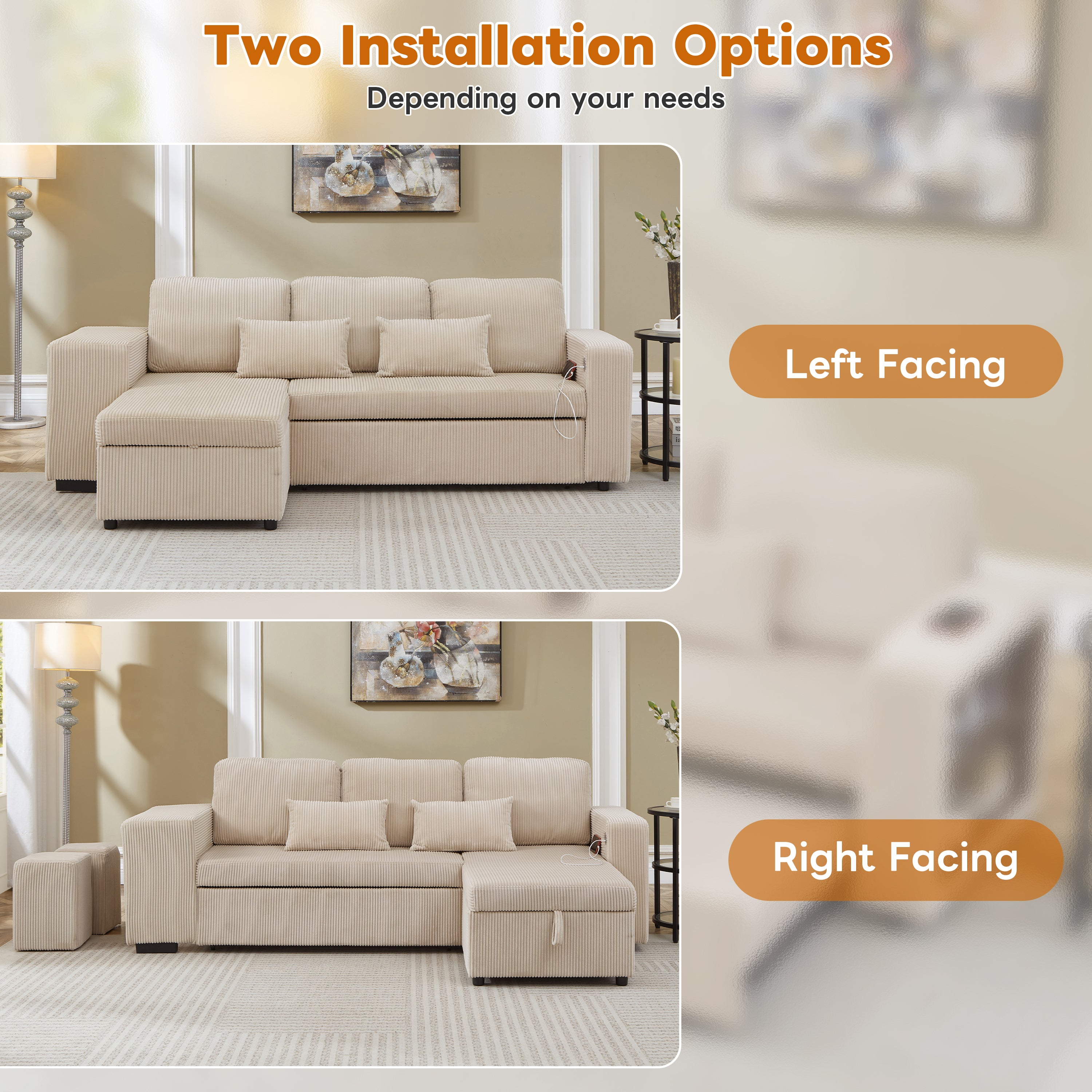 Modern L-Shaped Convertible Sofa Bed, 3-in-1 Convertible Sofa Bed with Internal Storage Chaise, Nesting Footstools, Integrated Charging Station & Adjustable Armrest Side Storage, Corduroy Fabric,Beige