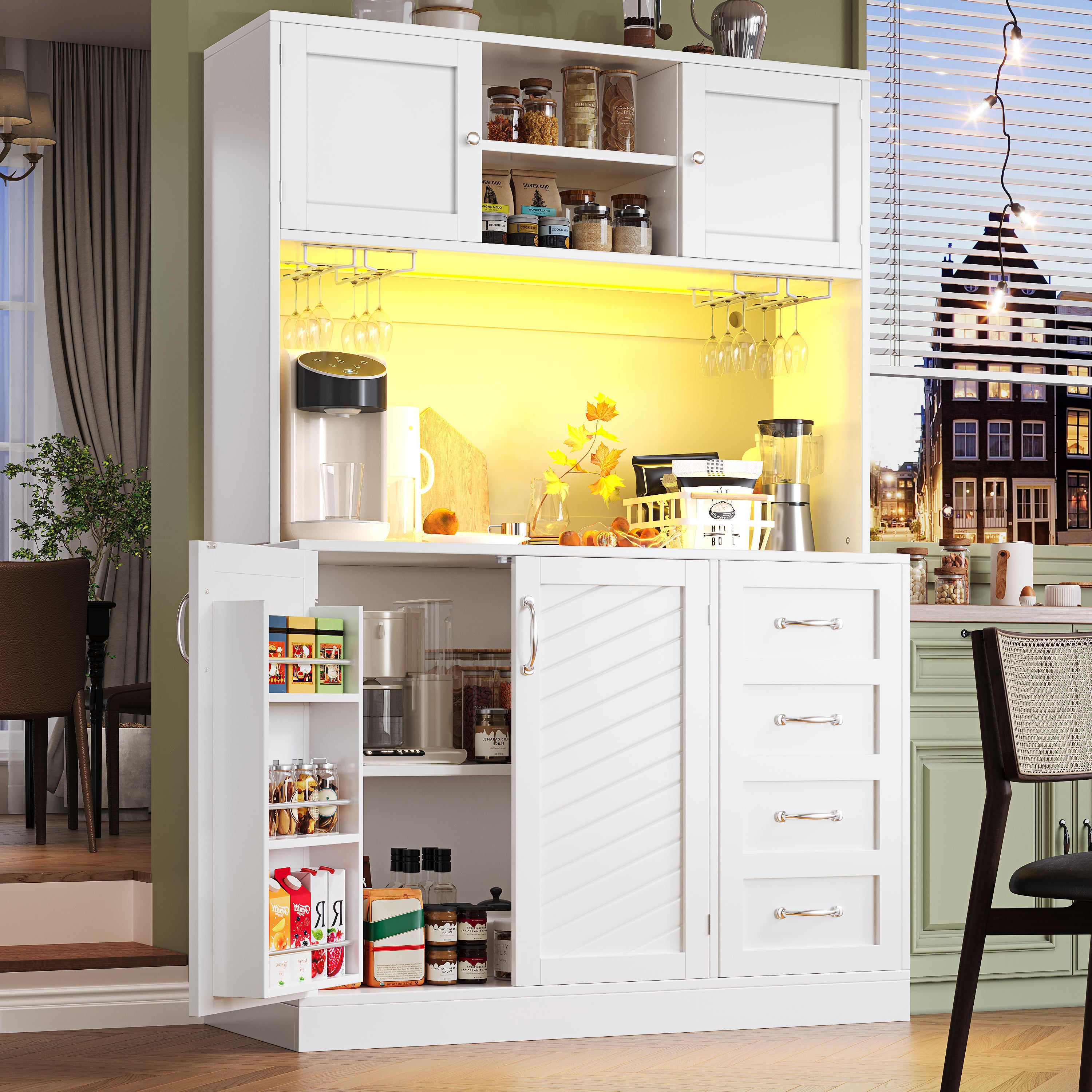 Sideboard / Storage Cabinet / Kitchen Cabinet / Buffet Cabinet, 120x40x188cm, with LED Lighting, Snack Rack & Drink Holders, 4 Doors & 2 Large Drawers, Green/White
