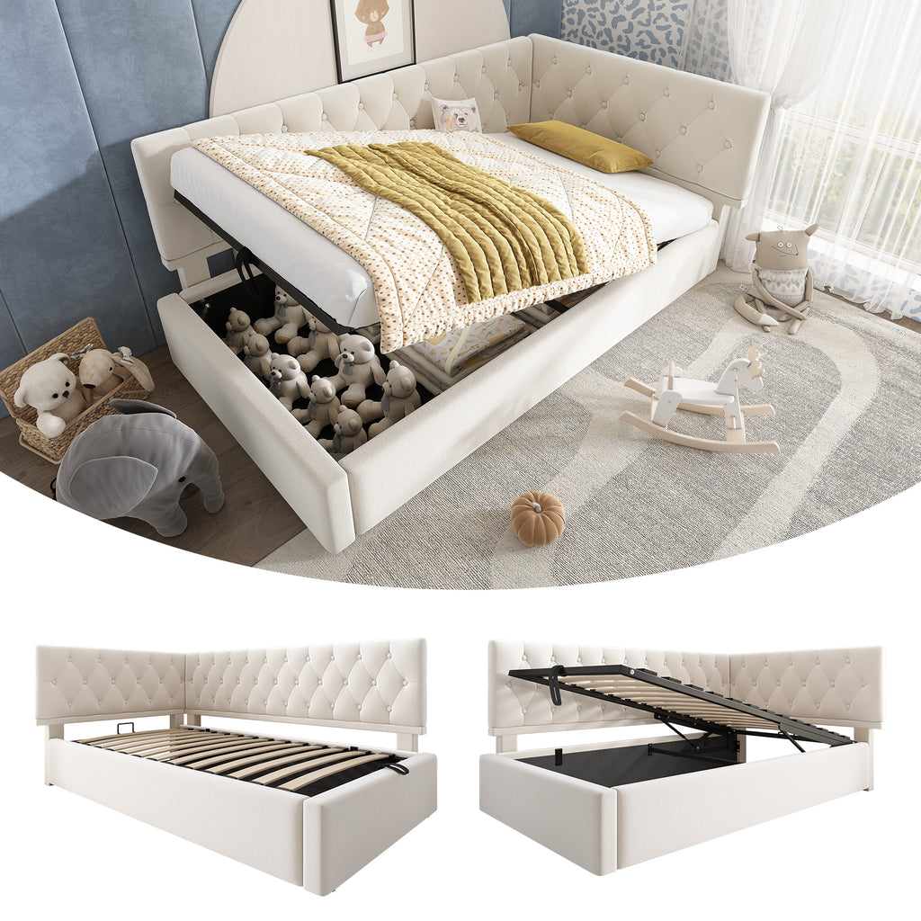 Daybed Upholstered Bed with Storage, 3FT Single Sofa Bed 90 x 190 cm, Ottoman Bed with Hydraulic Storage, Metal Slatted Bed Frame, Velvet, Beige (No Mattress)