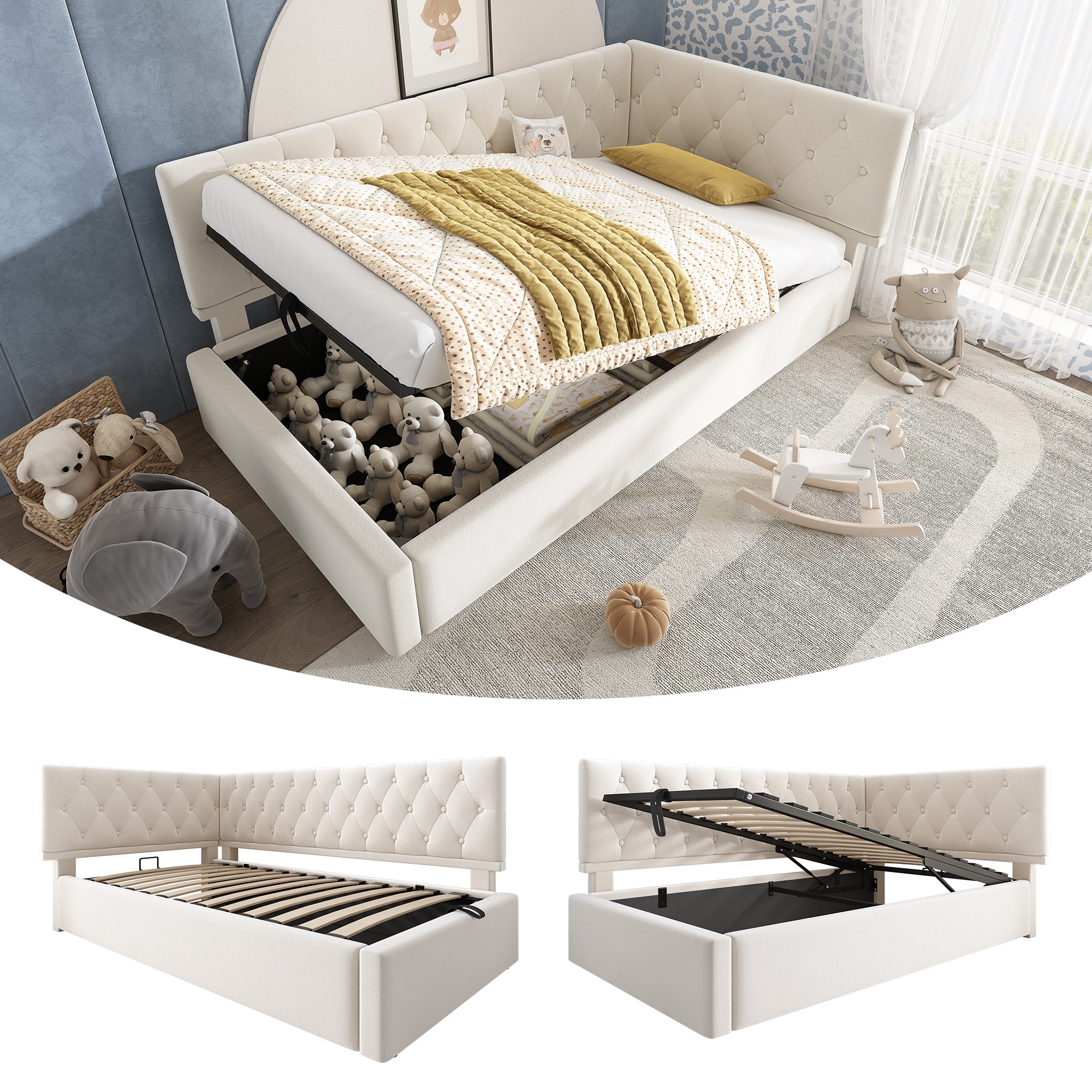 Daybed Upholstered Bed with Storage, 3FT Single Sofa Bed 90 x 190 cm, Ottoman Bed with Hydraulic Storage, Metal Slatted Bed Frame, Velvet, Beige (No Mattress)